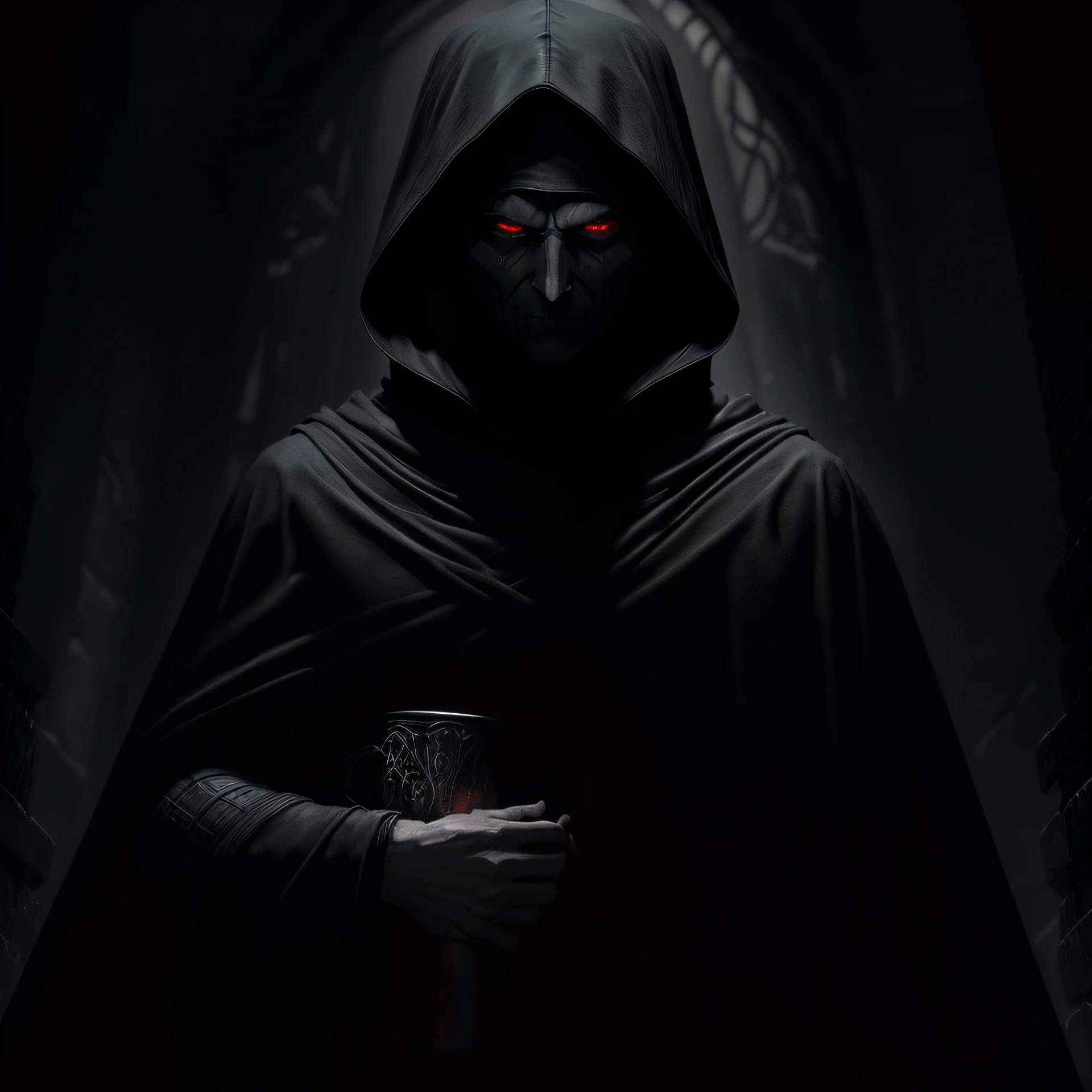 arafed image of a man in a hooded cloak holding a cup, dark robed, sith lord. dramatic lighting, hooded cloaked sith lord, the dark lord, dark hooded wraith, dark cloaked necromancer, dark cloaked figure, dark robe, wearing dark robe, beautiful male god of death, dark lord, sith lord