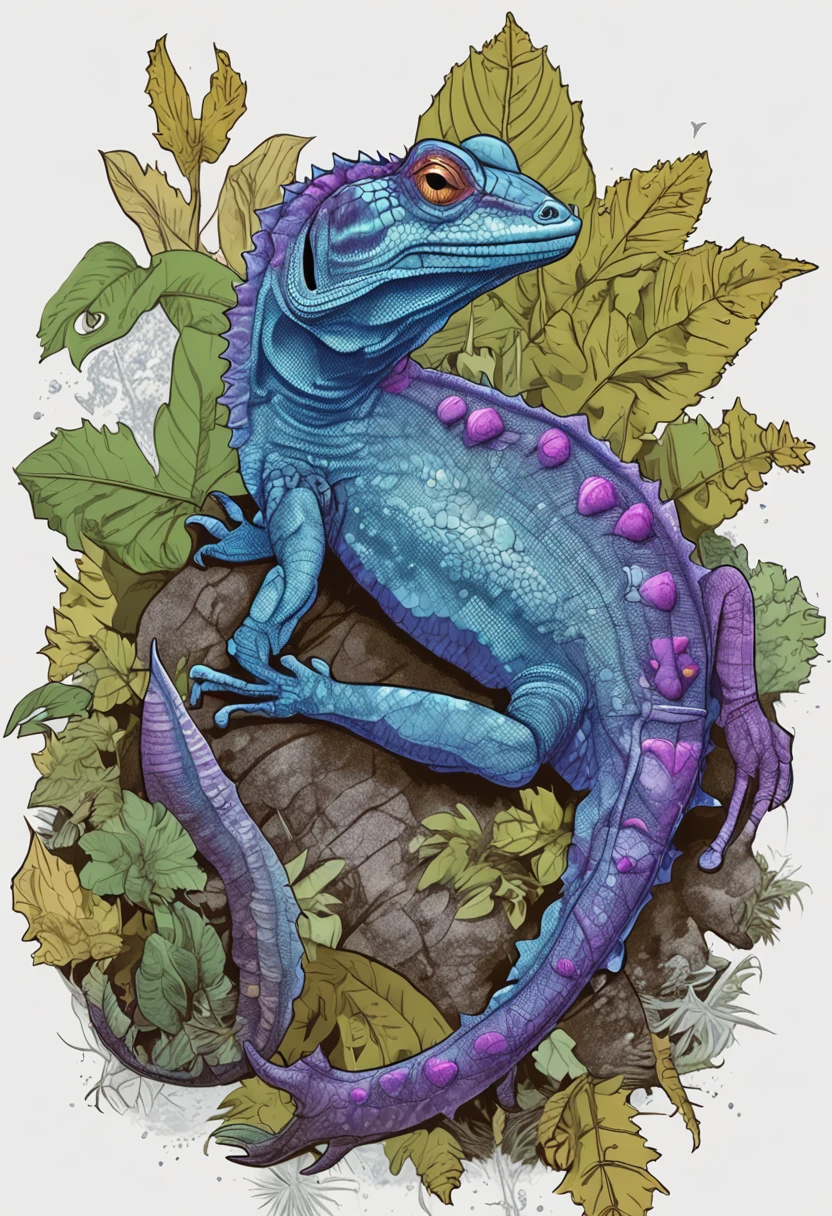 Illustration of a horned purple lizard in jungle with leaves and water, in an alien environment Highly detailed illustration, beautiful detailed illustration, full-colour illustration, realistic illustration, wildlife illustration, arte vetorial altamente detalhada, detailed 2d illustration, arte do lagarto, a beautiful artwork illustration, Very detailed illustration, detailed digital illustration, Highly detailed illustration.", high detailed illustration, High quality illustration