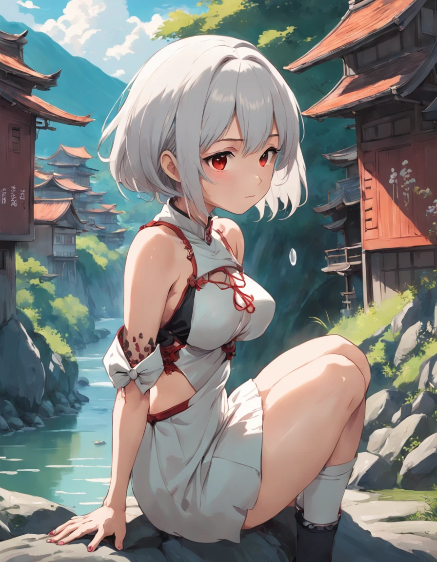 Detailed portrait of Japan girl, Skinny Girl, pear-shaped body, Red and black, Old anime style, (anime big breast), (Teen Girl:1.2), Ghibli style, boobgasm, (The tattoo:1.2), No shoulder strap, Shirt collar, Kneeling, looking at away, By the river, flat-colors, Convoluted, Elaborate dresses, Beautiful face, Short hair, White hair, Hijabi Woman, River, landscape, masutepiece, Best Quality, Old folk house