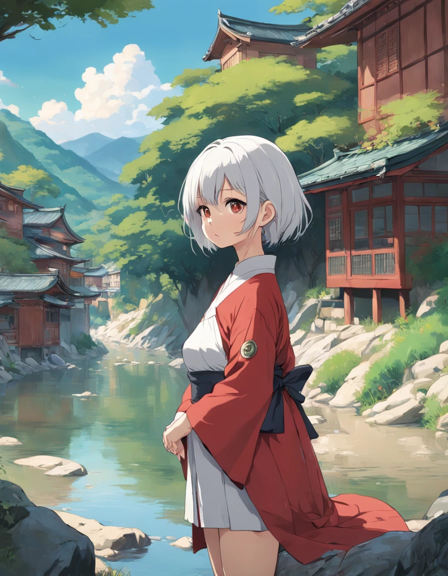 Detailed portrait of Japan girl, Skinny Girl, pear-shaped body, Red and black, Old anime style, (anime big breast), (Teen Girl:1.2), Ghibli style, boobgasm, (The tattoo:1.2), No shoulder strap, Shirt collar, Kneeling, looking at away, By the river, flat-colors, Convoluted, Elaborate dresses, Beautiful face, Short hair, White hair, Hijabi Woman, River, landscape, masutepiece, Best Quality, Old folk house