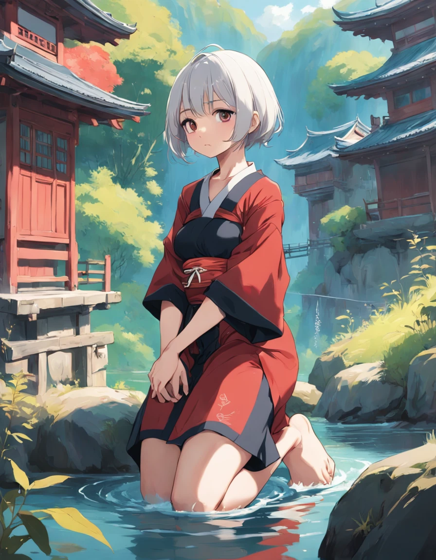 Detailed portrait of Japan girl, Skinny Girl, pear-shaped body, Red and black, Old anime style, (anime big breast), (Teen Girl:1.2), Ghibli style, boobgasm, (The tattoo:1.2), No shoulder strap, Shirt collar, Kneeling, looking at away, By the river, flat-colors, Convoluted, Elaborate dresses, Beautiful face, Short hair, White hair, Hijabi Woman, River, landscape, masutepiece, Best Quality, Old folk house