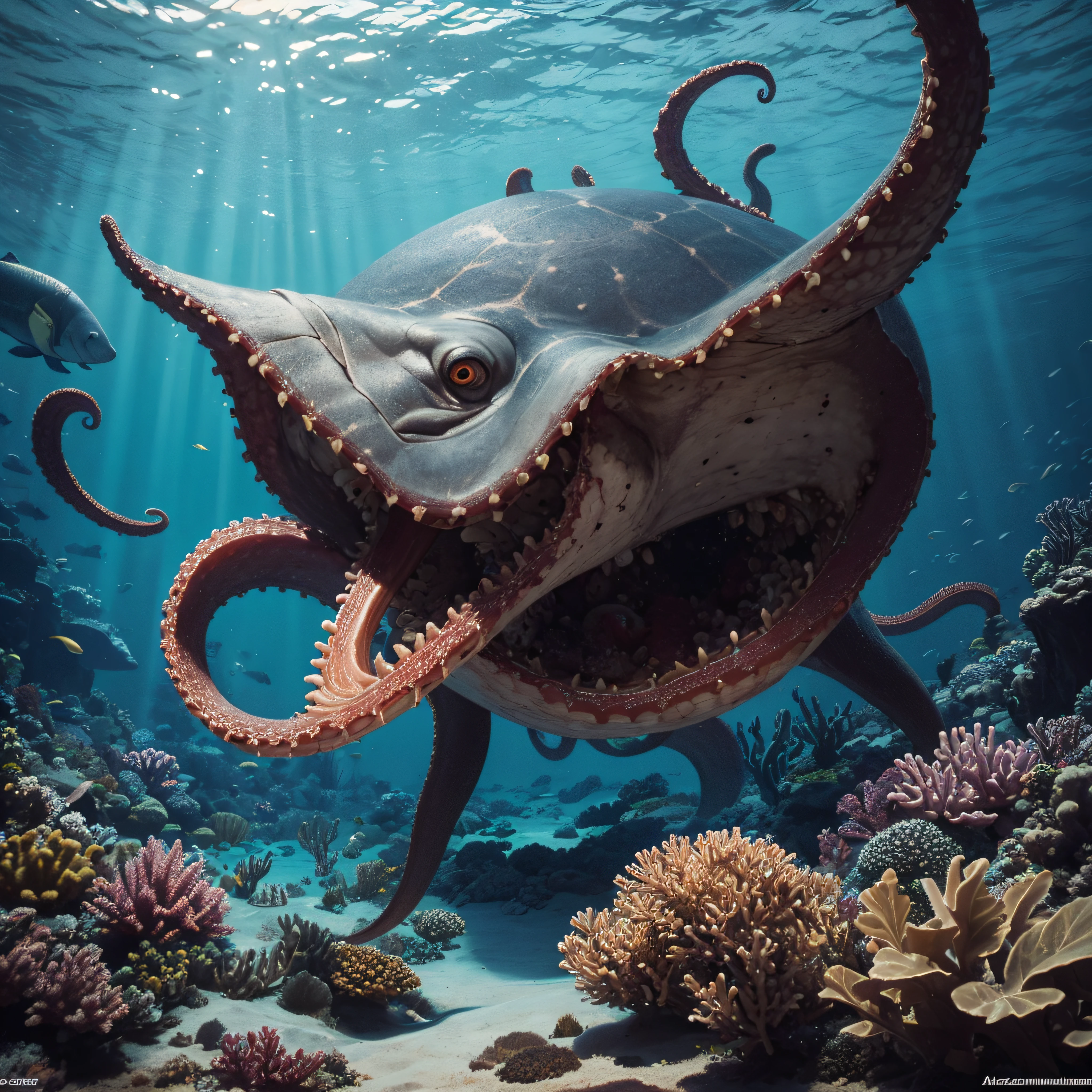 (extremadamente detallado, obra maestra, La mejor calidad, Under the Ocean), Estilo oscuro, volumetric illumination. armadura medieval, rostro con arrugas, lengua larga, tentacle, deforme, imagen submarina vista desde el exterior, pico de pulpo amenazante. manchas de tinta. Rococo composition. Luz de caravaggio