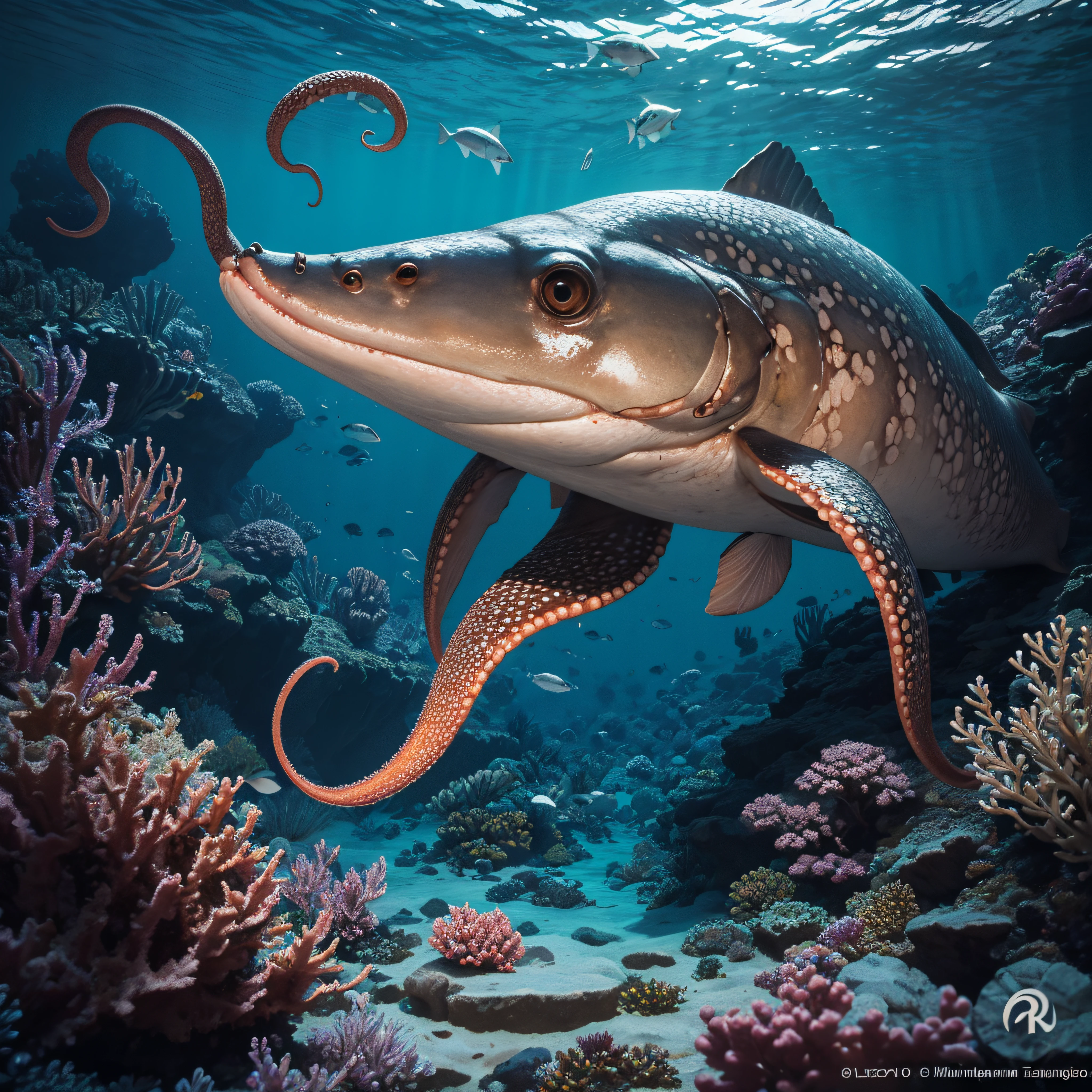 (extremadamente detallado, obra maestra, La mejor calidad, Under the Ocean), Estilo oscuro, volumetric illumination. armadura medieval, rostro con arrugas, lengua larga, tentacle, deforme, imagen submarina vista desde el exterior, pico de pulpo amenazante. manchas de tinta. Rococo composition. Luz de caravaggio