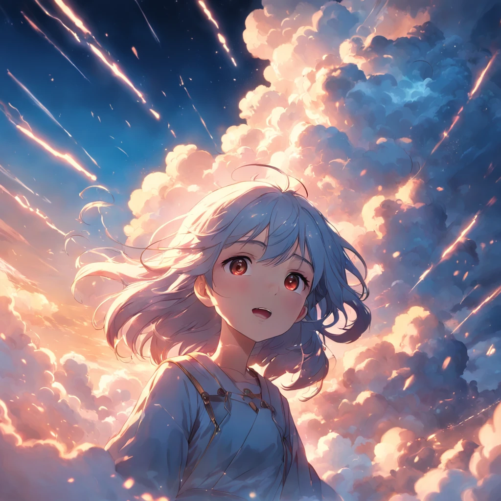 masterpiece, best quality, movie still, 1girl, cloud girl, floating in the sky, close-up, bright, happy, warm soft lighting, sunset, (sparks:0.7)