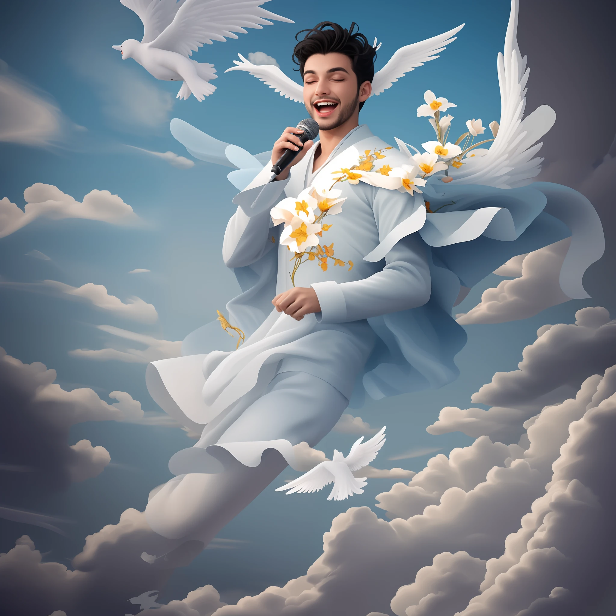 famous Brazilian singer Gabriel Diniz is a singing angel floating among the clouds in the sky just like divine angels, He's got microphone in hand, extraordinary and beautiful archangel wings protruding from your back, asas iguais as do arcanjo gabriel, He's singing, Divinely angelic illumination arising and illuminating the singer, He is a modern angel and wears an extravagant coat with colorful flowers painted, casaco estilo anos 80, casaco aberto mostrando camiseta por dentro, barba curta, Its colorful is at odds with the sky and clouds that are in light and angelic tones, o cantor traz cor e vida para o ceu, cores representam a alegria do cantor, imagem transmite a paz do ceu e a alegria do cantor, Small silhouettes of almost invisible little angels watch the singer's show in the sky, aparencia igual ao cantor gabriel diniz, Gabriel Diniz in Domingão do Faustão, GD, roupas semelhantes as de gabriel diniz no seu dvd em fernando de noronha, autor do hit jenifer foi a mais ouvida em plataformas digitais, arte com com detalhes absurdos, 8k