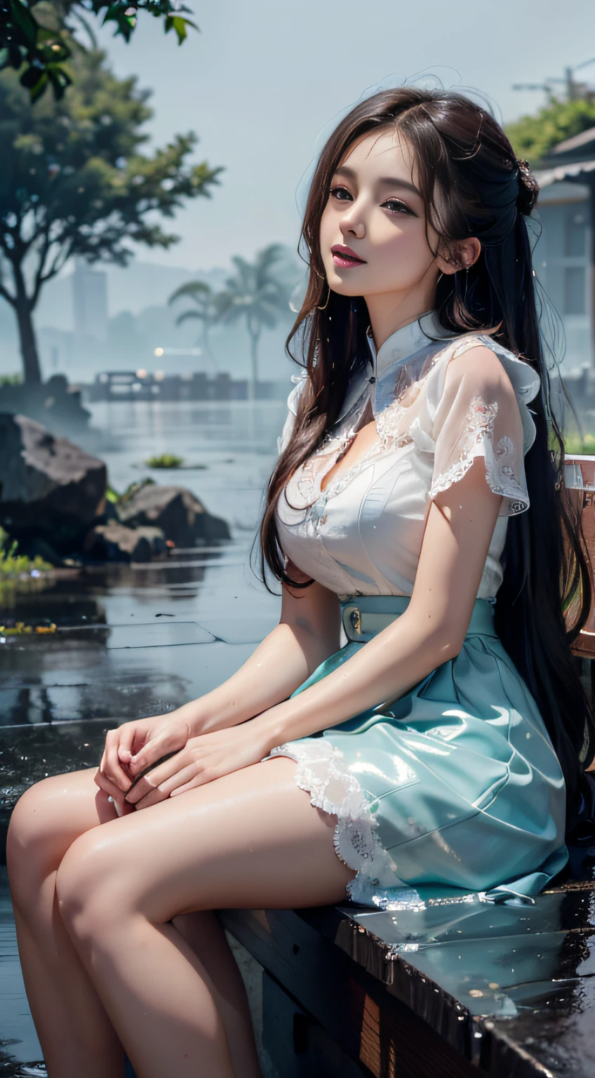 4K Ultra HD, Masterpiece, Best quality, A girl, Beautiful face, Detailed eyes, Very long hair, Impressive and attractive hair, Good looking, lovely lips, cheerfulness, with her mouth open, Rainskirt,Bring clothes and umbrellas of the same color, Dresses of random colors, White lace, Zhu Xia Jingjing, Shiny jewelry, Natural background, Wet ground, very heavy rain, Wet body, Direct x 3.0 Visuals, reflection on water, It rained heavily, Blowing wind, Sitting, In the rain, Full body capture,