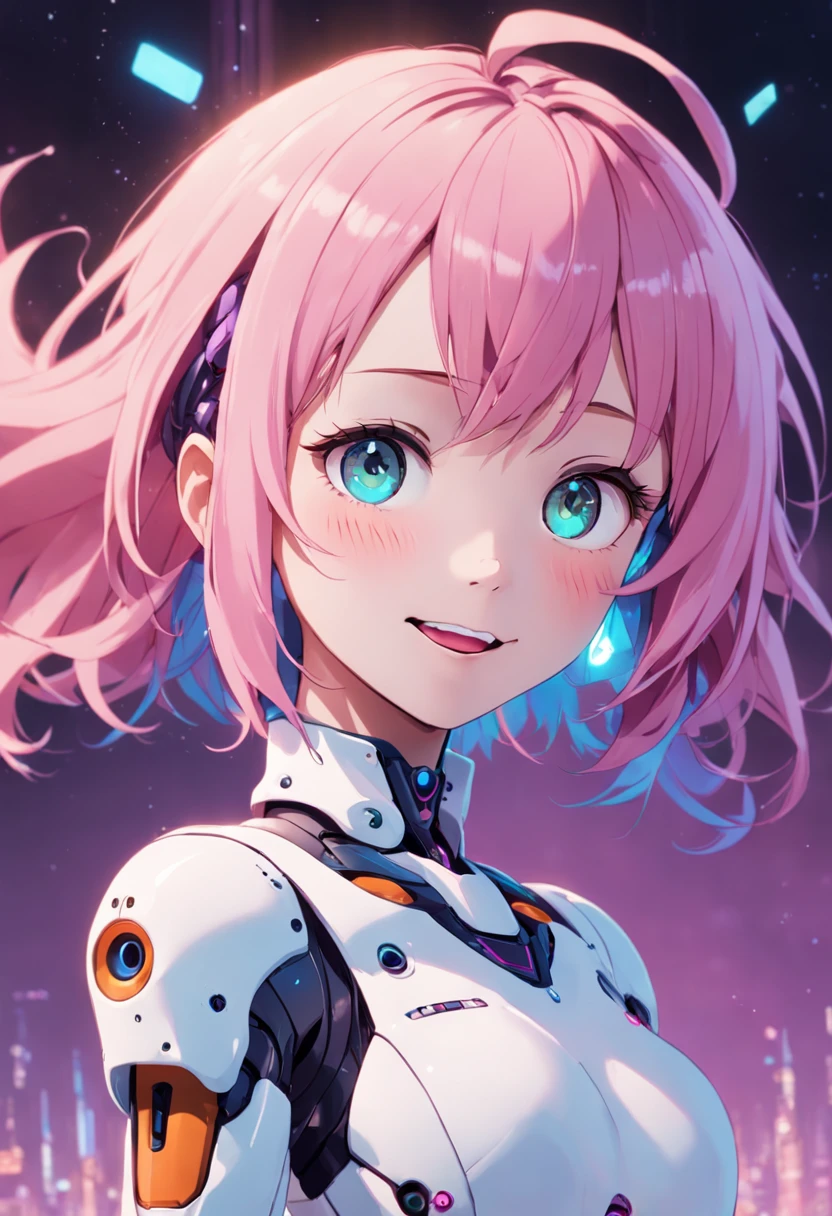 a robotic fantasy girl with robotic face, pink hair style, wearing a white t shirt, happy face and little smile with blue lips, big green eyes, simple purple background, make it for NFT market