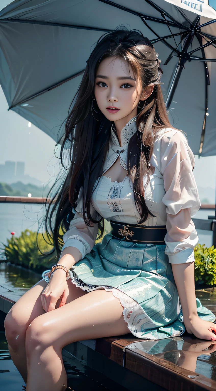 4K Ultra HD, Masterpiece, Best quality, A girl, Beautiful face, Detailed eyes, Very long hair, Impressive and attractive hair, Good looking, lovely lips, cheerfulness, with her mouth open, Rainskirt,Bring clothes and umbrellas of the same color， Dresses of random colors, White lace, Zhu Xia Jingjing, Shiny jewelry, Natural background, Wet ground, very heavy rain, Wet body, Direct x 3.0 Visuals, reflection on water, It rained heavily, Blowing wind, Sitting, In the rain, Full body capture,