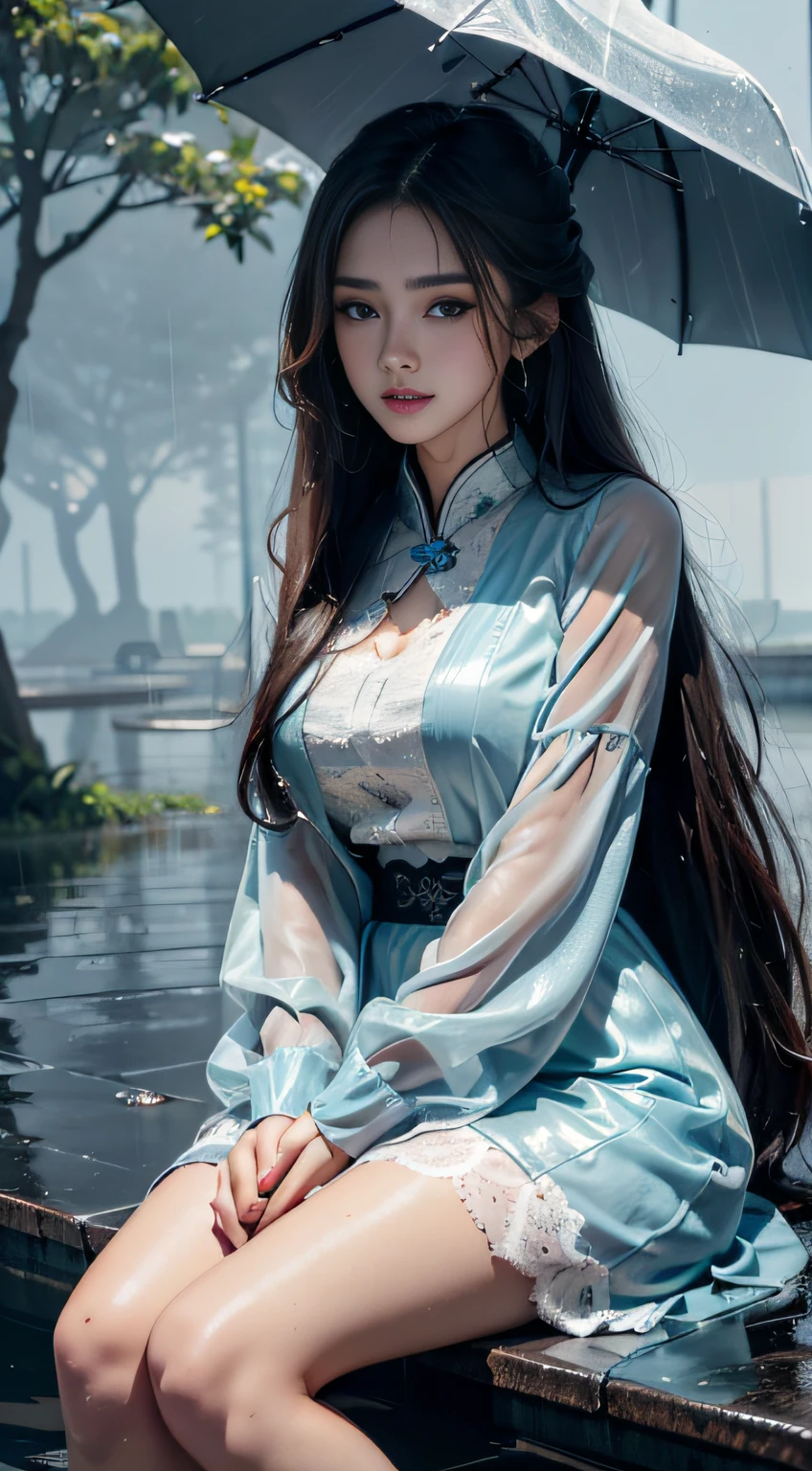 4K Ultra HD, Masterpiece, Best quality, A girl, Beautiful face, Detailed eyes, Very long hair, Impressive and attractive hair, Good looking, lovely lips, cheerfulness, with her mouth open, Rainskirt,Bring clothes and umbrellas of the same color， Dresses of random colors, White lace, Zhu Xia Jingjing, Shiny jewelry, Natural background, Wet ground, very heavy rain, Wet body, Direct x 3.0 Visuals, reflection on water, It rained heavily, Blowing wind, Sitting, In the rain, Full body capture,