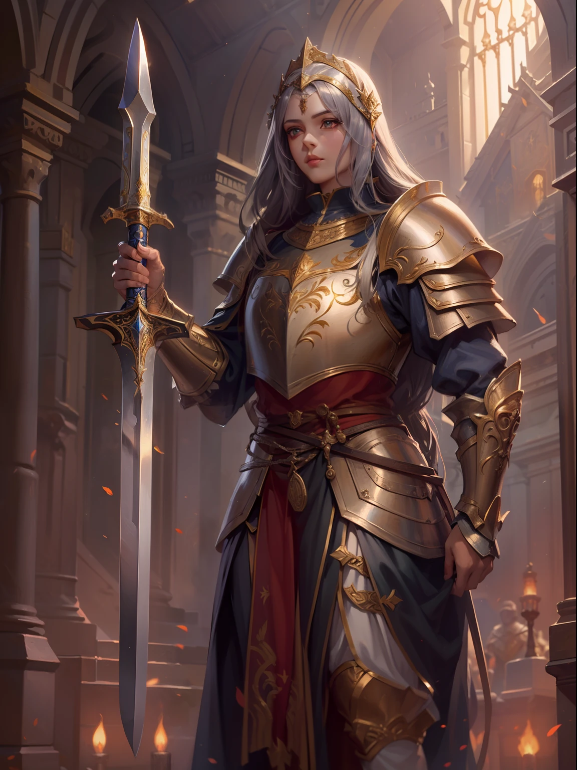 Look from the bottom up,low angle shot,Highly detailed portrait of Paladin Givel,Wear armor,shelmet,epee,big sword,Cross sword,sword,Silvertone,holy rays,god light,medieval times,Noble,setia,Servant of Jesus,Solemn,Gold accents,epic fantasy digital art,devout,Victorian style,tmasterpiece,8K,high definition resolution,Detailed detail drawing,high qulity,Inspired by Guinevere,author:John Collier