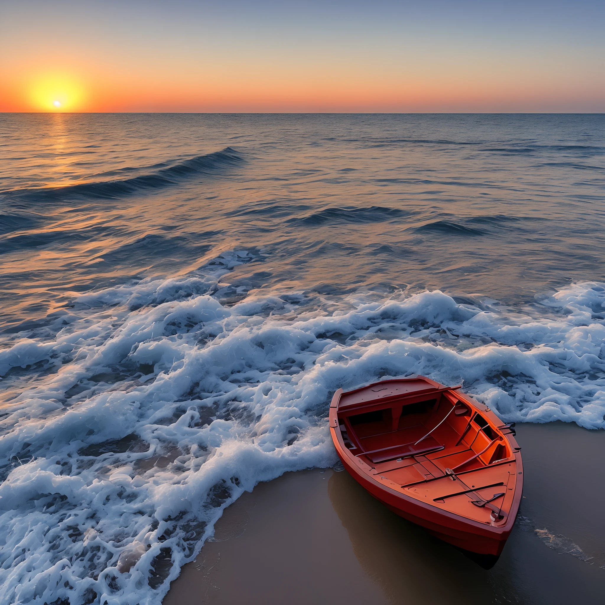 Romantic scenery Near the beach, colorful sunset, Sandy beach, clear water and white foam ať the coast on lonely wooden small Boat with paddles, love