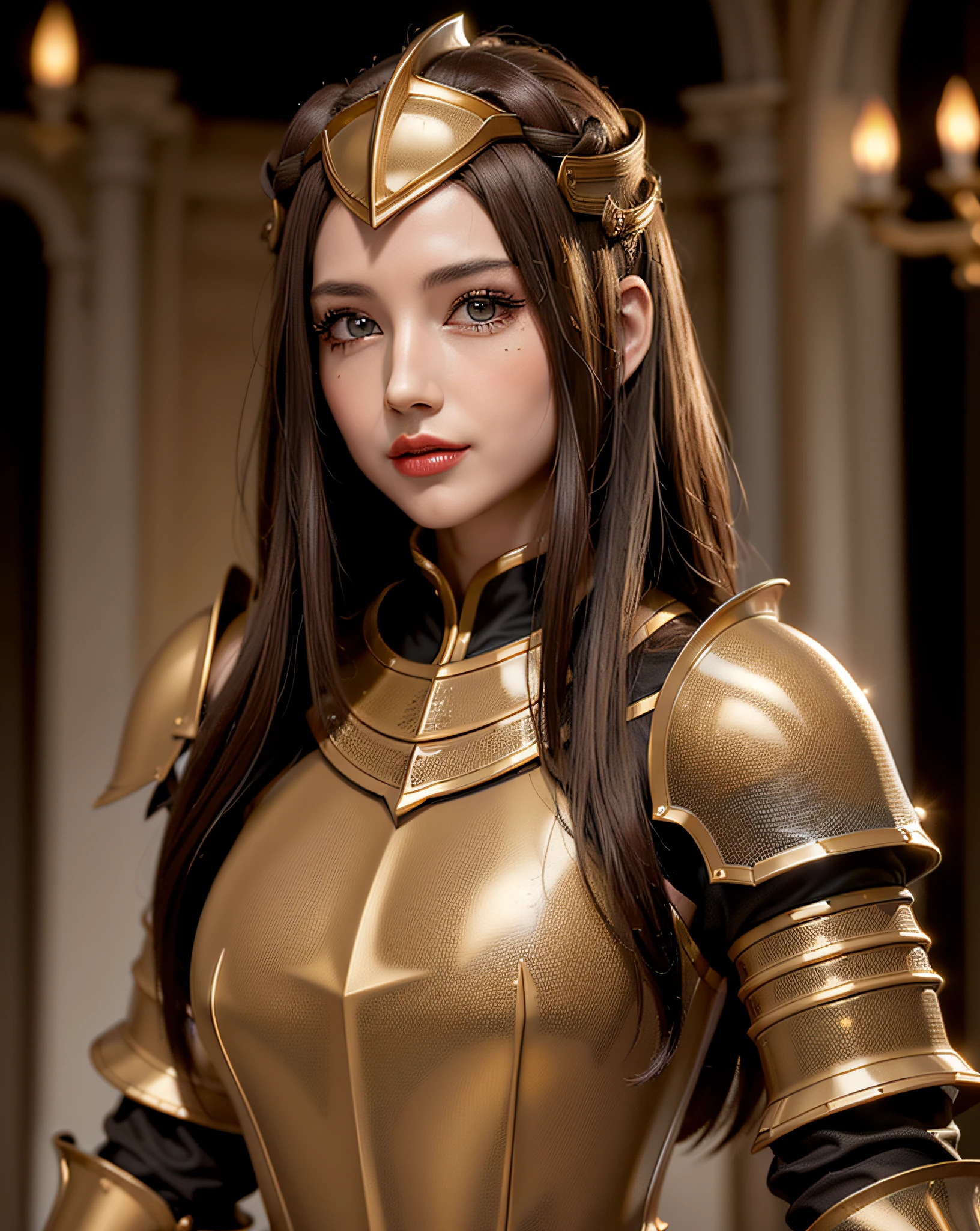 ((Best quality, 8k, Masterpiece :1.3)), (female royal knight:1.3), (1girl:1.3),  dark brown hair, ultra-detailed face, detailed lips, detailed eyes, double eyelid, (large breasts:1.3), wearing a royal knight armor, dark black armor with small gold detialed, solo, standing the royal palace, light smile,