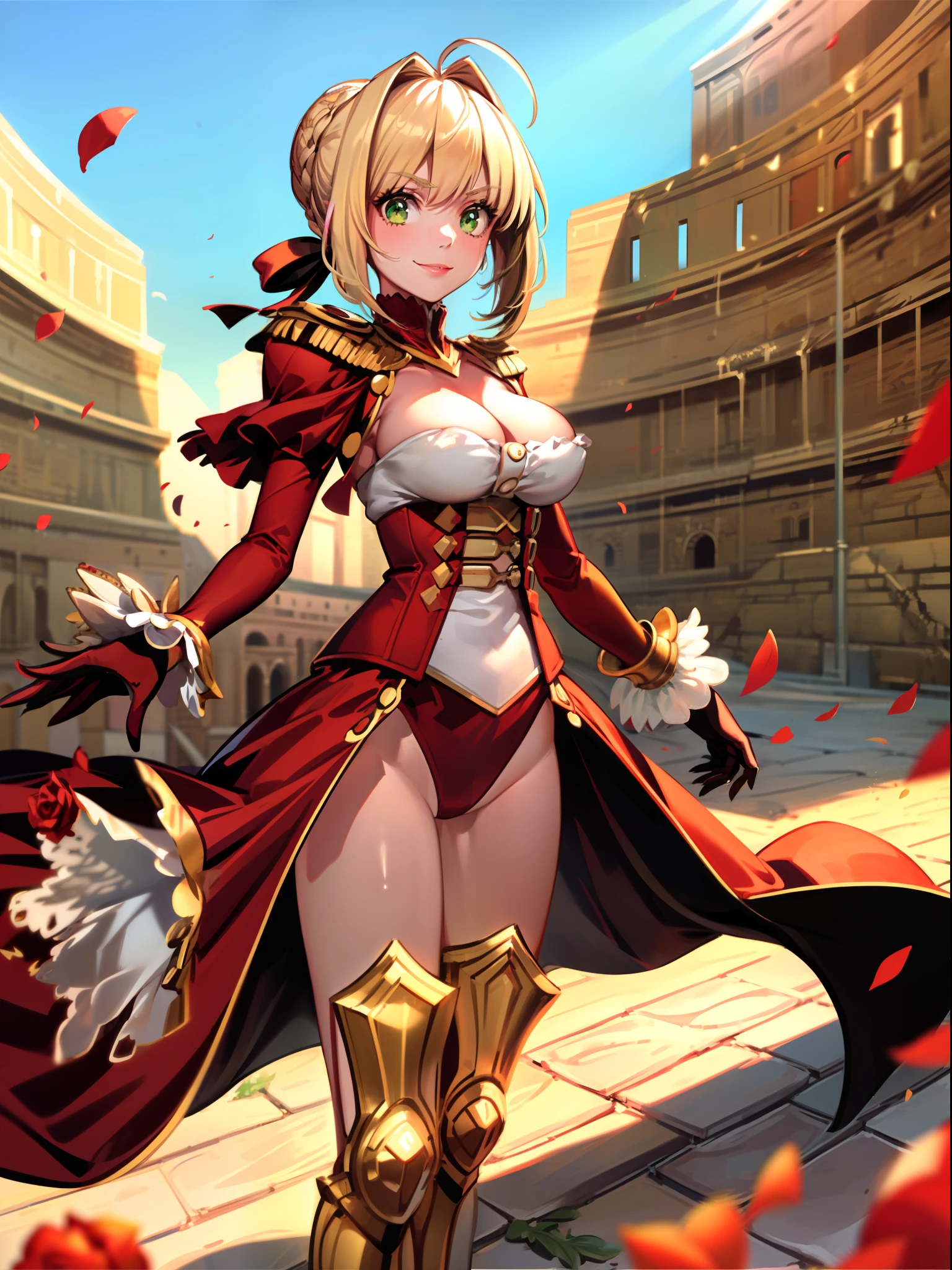 masterpiece, best quality,1girl, blonde hair, green eyes,large breasts, Default, NeroOriginalOutfit,olive wreath, standing, smile , rome, colosseum, rose petals, cowboy shot,sunlight