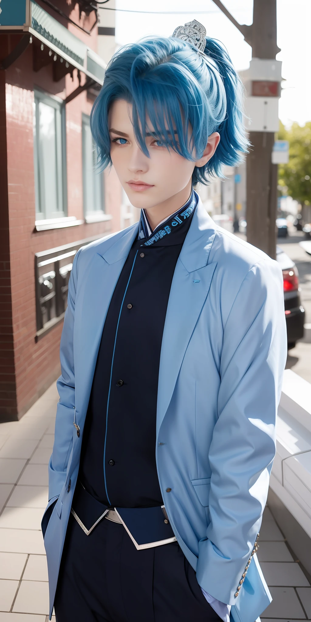 blue hair, blue eyes, wears a blue suit