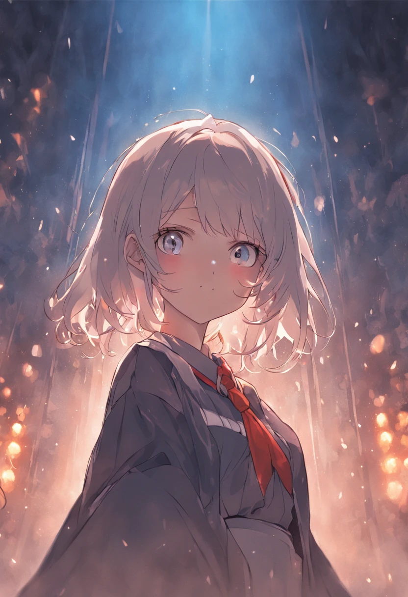 (8K,RAW photos,best qualtiy,tmasterpiece:1.2),(realisticlying,photograph realistic:1.37),Hyper-detailing,超高分辨率,1个Giant Breast Girl,looking at viewert,beautifull detailed face,ssmile,smal,(Small chest,Thin waist:1.3),He has a pair of turquoise blue eyes,Beautiful white hair,Two pinch in front of the ear,The hair at the back is tied up with a black headband。Red school uniform,yellow bowtie,Brown-black skirt,The skirt is white。Wear below-the-knee socks on the legs,Wear shoes that are similar in color to your skirt