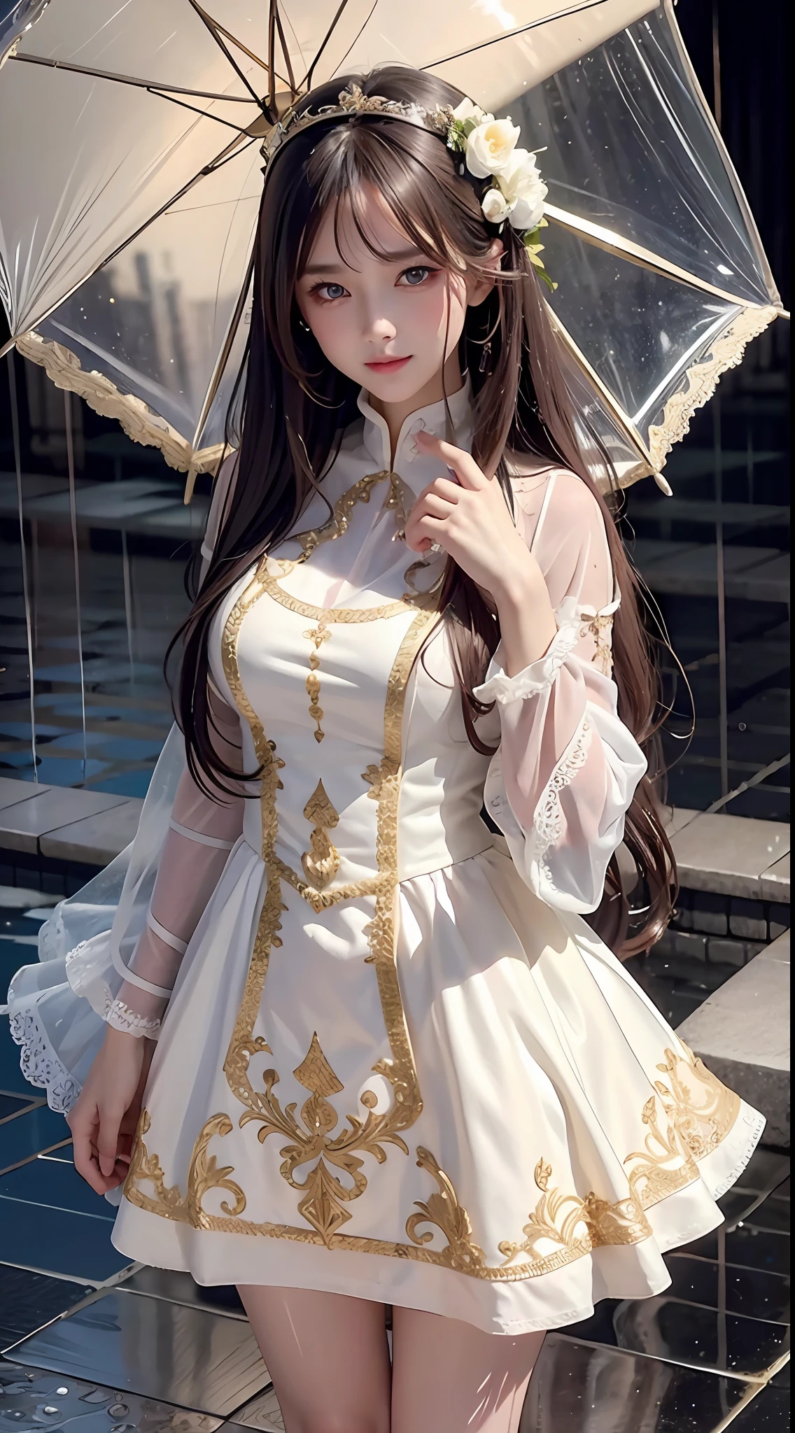 4k ultra hd, masterpiece, best quality, a girl, beautiful face, detailed eyes, very long hair, impressive and attractive hair, good looking, lovely lips, happy, opened mouth, rainy dress, gold dress, white lace, cristalized jwellery, shining jwellery, natural background, wet ground, hard raining, wet body, direct x 3.0 visual effect, reflection on water, very hard raining, blowing wind, standing, in the rain, whole body capture,
