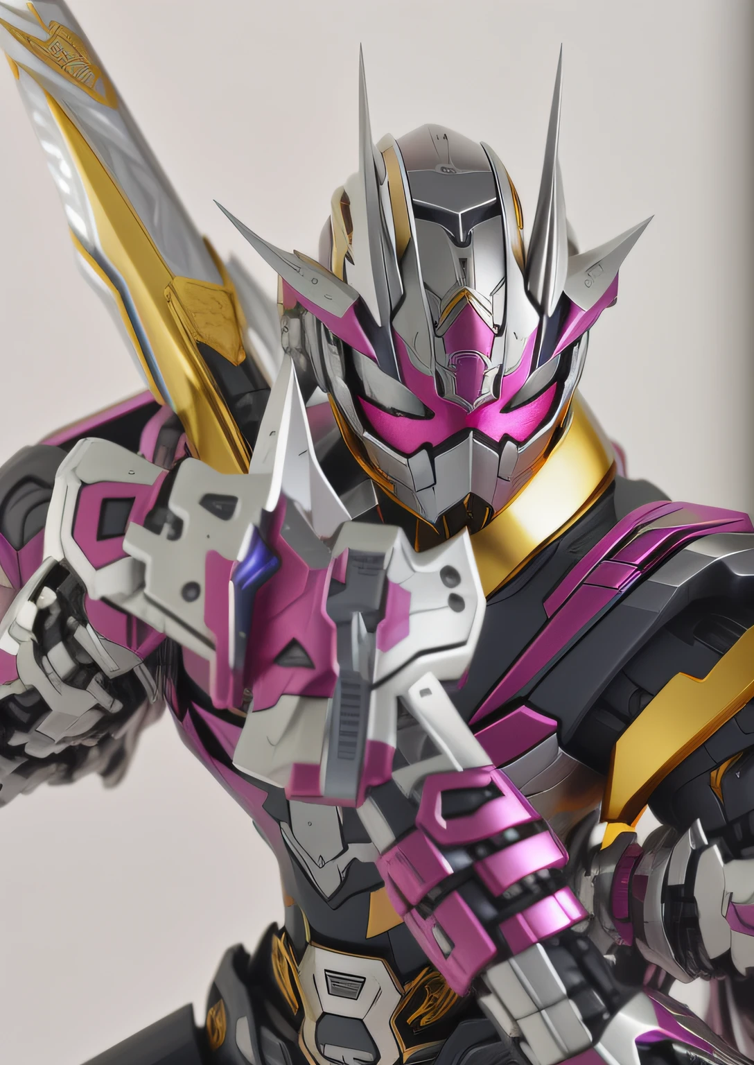 Close-up of toy character of robot holding sword, sharp silver armor fuchsia skin, SSSS.gridman, kamen rider action pose, high fantasy kamen rider, style of ssss.gridman (2018), kamen rider character, Kamen Rider, Streamlined pink armor, shining pink armor, ultra mega detailed, cyber japan style armor