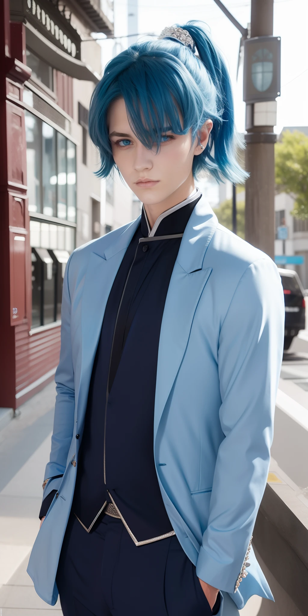blue hair, blue eyes, wears a blue suit