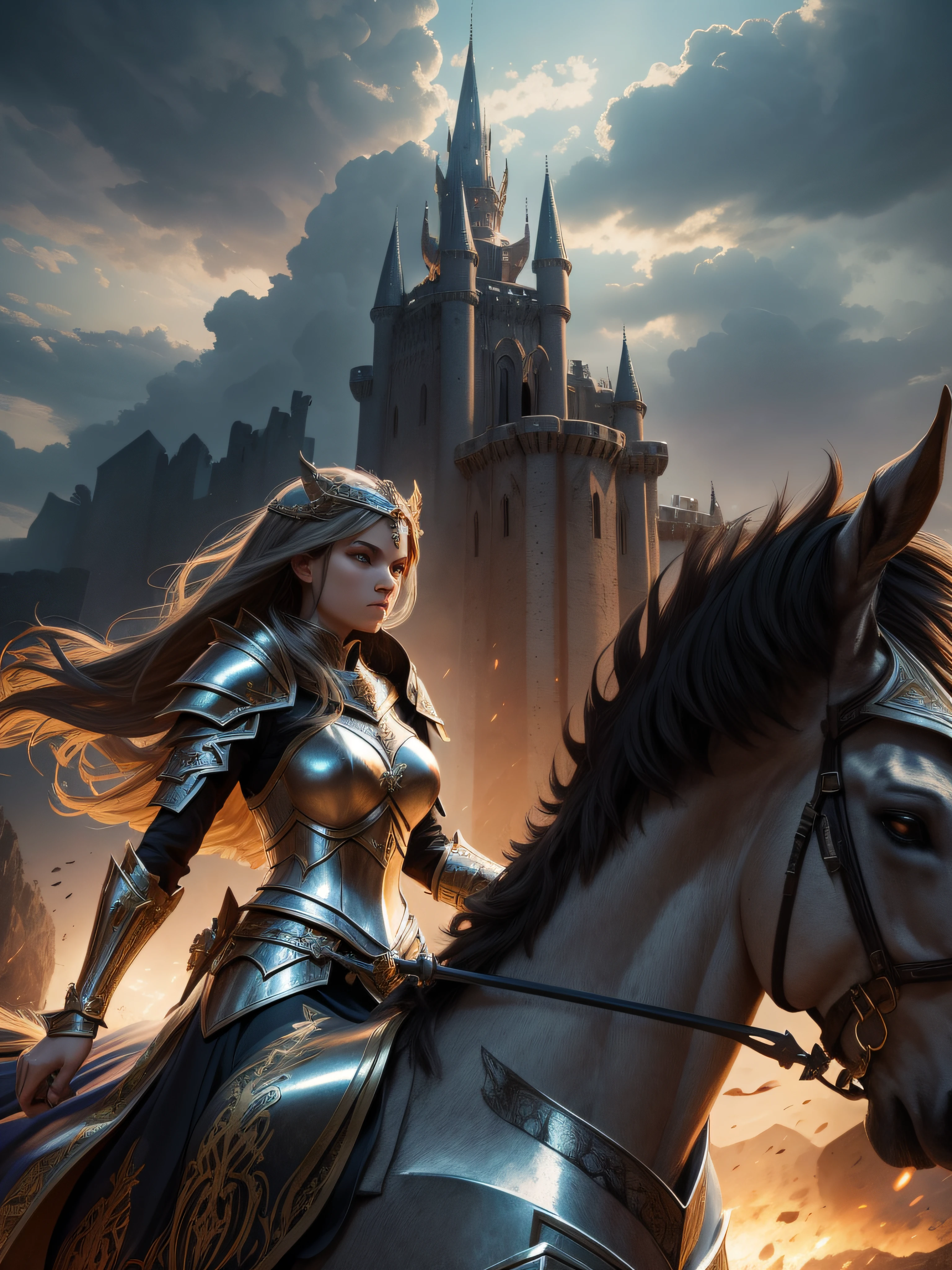 "Royal Knight girl", epic armor, majestic pose, regal expression, intricate details, dynamic lighting, intense battle, ancient castle backdrop, dramatic clouds, glowing sword, heroic stance.