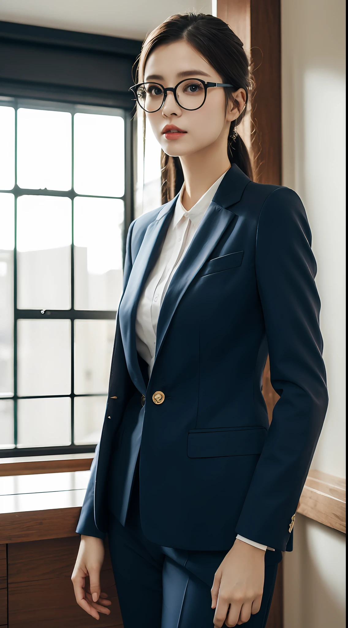 (top-quality、8K、masterpiece)、1 girl in、beautfull Japanease woman、blue suit、office lady、torn legwear、indoors、glasses
