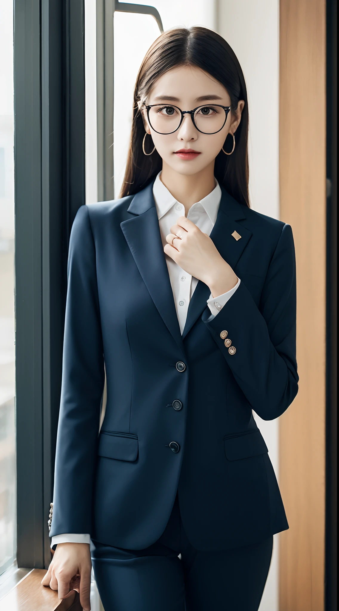 (top-quality、8K、masterpiece)、1 girl in、beautfull Japanease woman、blue suit、office lady、torn legwear、indoors、glasses