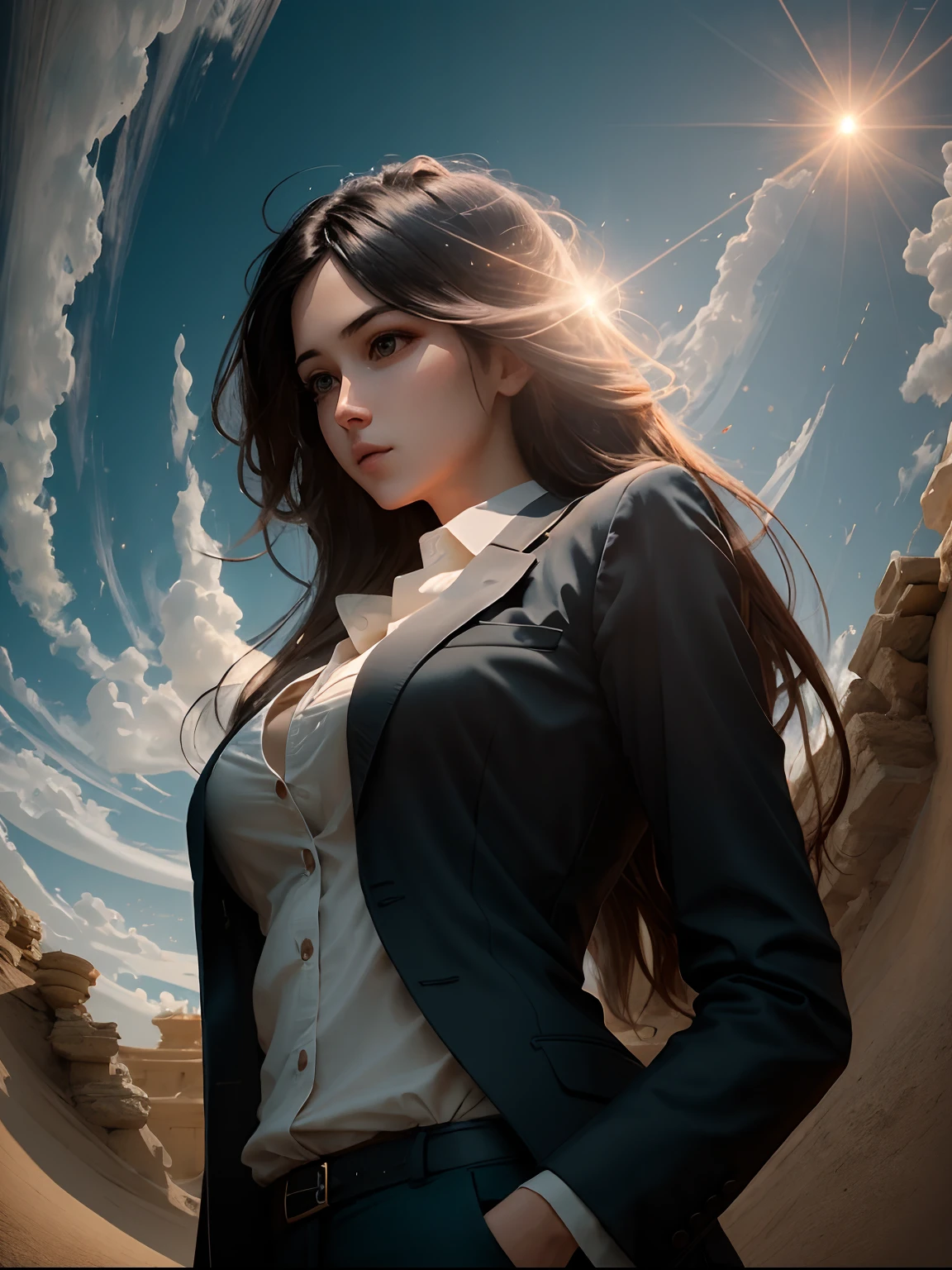 Real Human,Sagging breasts,1 girl,In black suit,cabelos preto e longos,(RAW photos,best qualtiy),(realisticlying,photograph realistic:1.3),best qualtiy,highly detailed,tmasterpiece,Hyper-detailing,illustratio,1girll,The upper part of the body_Body,dynamic angle,Masterpiece Theatre of the World,Messy_Long_Hair,best qualtiy,extremely detailed CG unity 8k wal,ink,astounding,cinmatic lighting,lens_flare,,dunhuang_Style