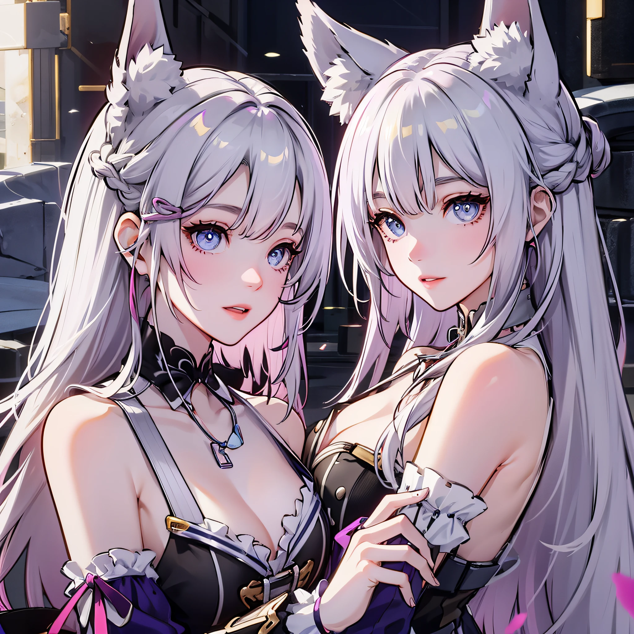 masterpiece、top-quality、Photo Realisticity、fox ear、beautiful a girl、twinsies、white hair、2 girls in、hyperdetailed face、hidden face、二重まぶた、shinny skin、Sperm on the face、Bukkake、nsfw、see-through langerie
