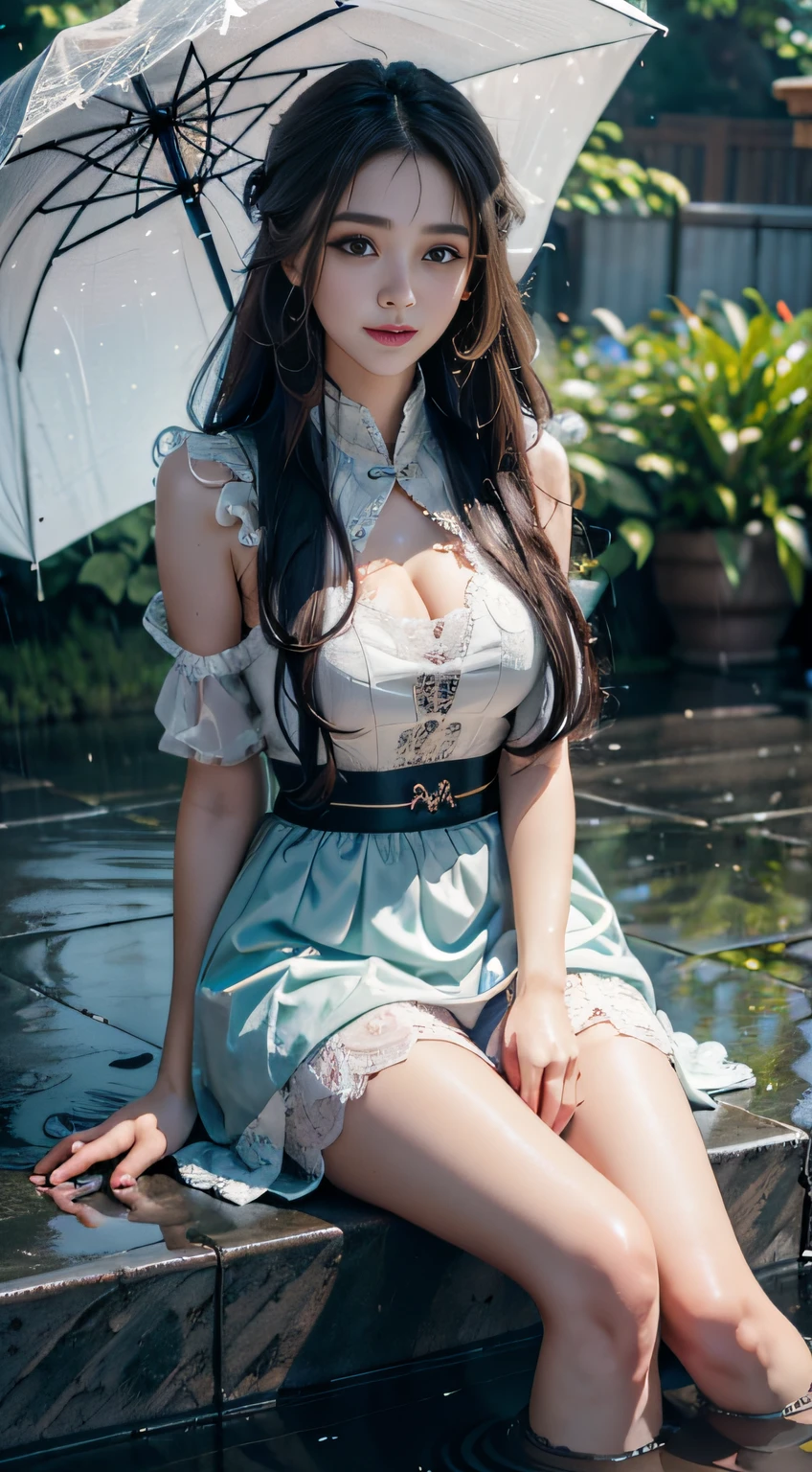 Sitting by a lake full of lotus flowers, her feet playing in the water, the art depicts a charming woman with a melon face, dressed in a flowing, silky traditional oriental dress, long, aqua blue, decorated with intricate patterns and bright colors. Her dress drapes elegantly over her curvy figure, accentuating her seductive silhouette. She sits gracefully by the tranquil lotus lake, her feet playing in the water, bathed in the soft glow of the moonlight. The scene exudes an ethereal and dreamy atmosphere, with a touch of mystery and sexiness. The graphic style blends watercolor and digital illustration techniques to evoke a refined beauty and charm. The lights are filled with soft moonlight, casting soft highlights and shadows on her charming features. Bare thighs, big breasts, three-dimensional facial features, sitting, upturned legs, side braids,