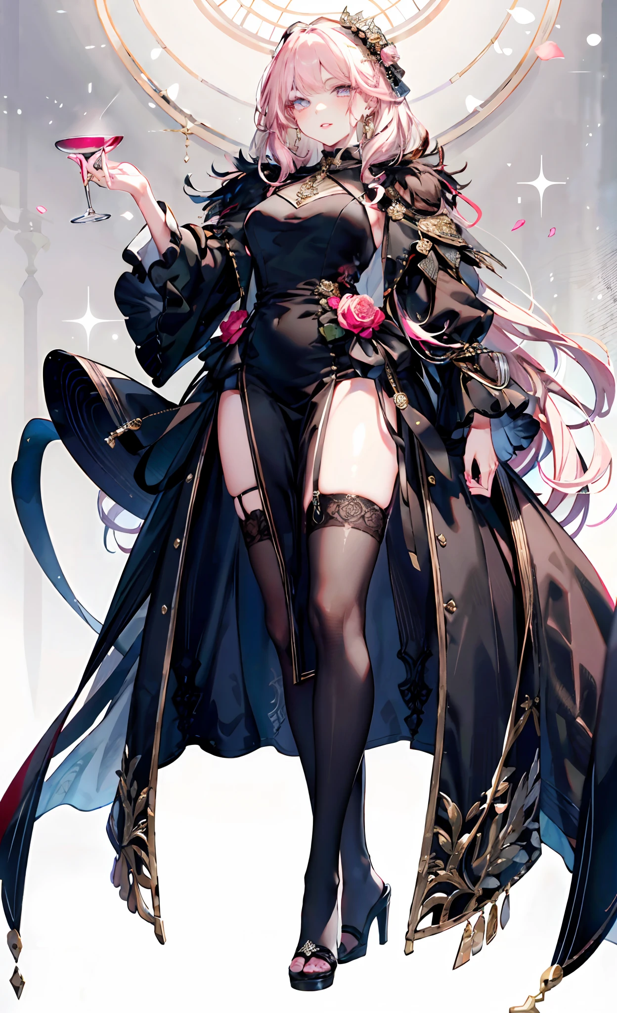 (Full Head:1.9),Detailed depiction of the face,1 Lady,a matural female,Black Dress Long Dress,(black lence stockings+),High Heel Ribbon Sandals,(Feet in black stockings),Pink White Long Hair,Prom Background, Perfect body, face perfect, perfect hand, Perfect Finger, Perfect lips, perfect eyes, Perfect background、(((NSFW)))
