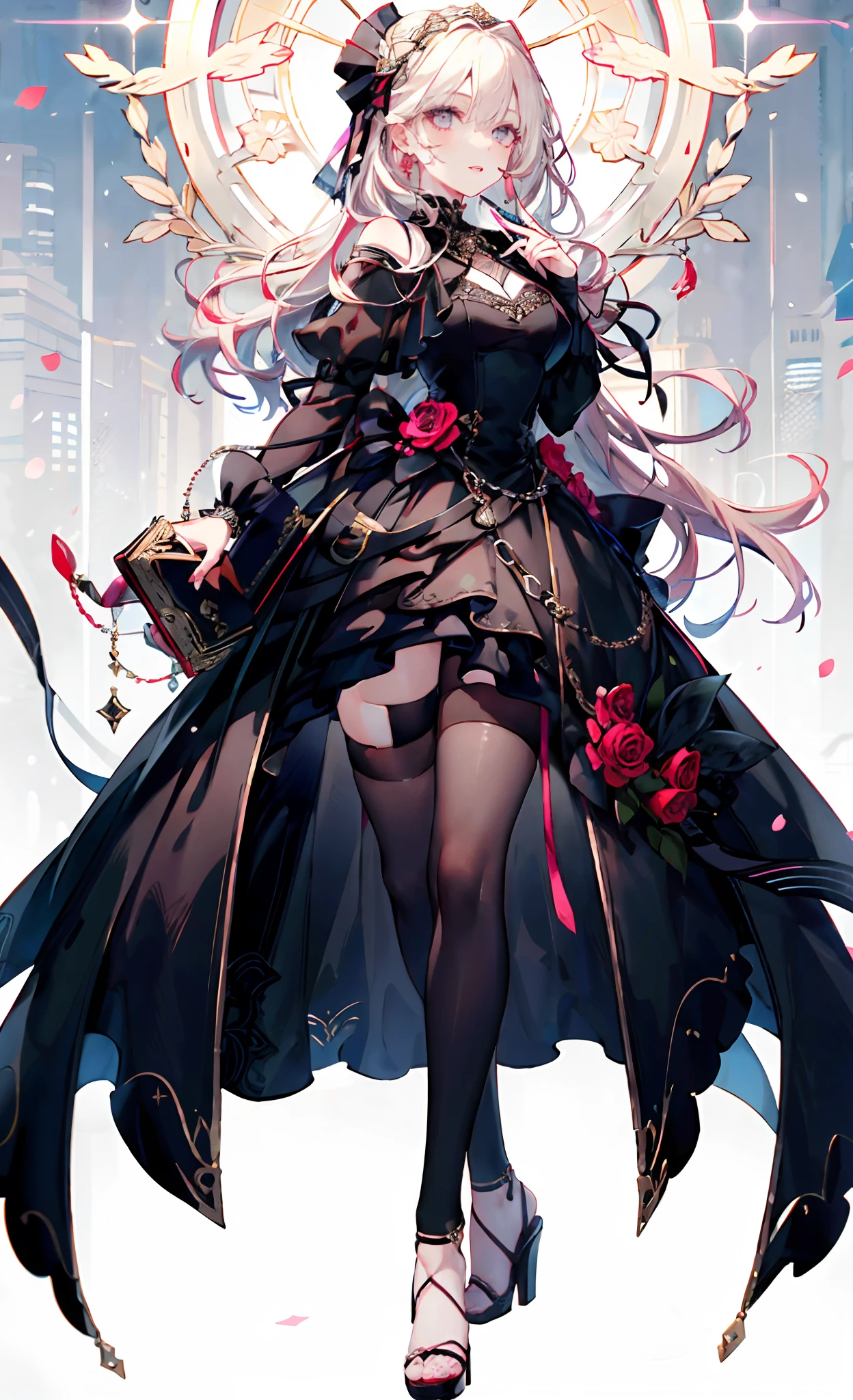 (Complete head:1.9),meticulous portrayal of face,1 noblewoman,a matural female,Black dress long dress,(black lence stockings+),heeled sandals,(Black stocking feet),Pink White Long Hair,Prom background, Perfect body, s the perfect face, perfect hand, Perfect Finger, Perfect lips, perfect eyes, Perfect background