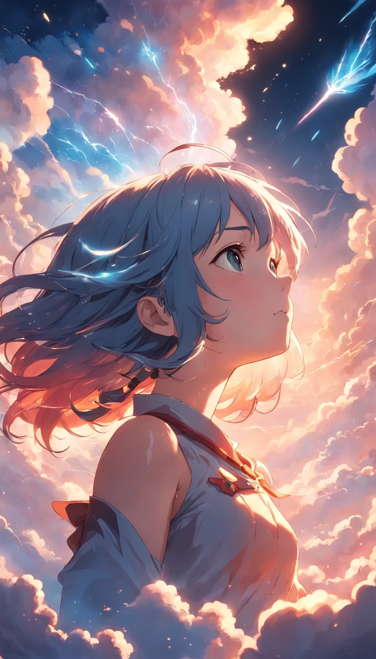 masterpiece, best quality, movie still, 1girl, cloud girl, floating in the sky, close-up, bright, happy, warm soft lighting, sunset, (sparks:0.7)