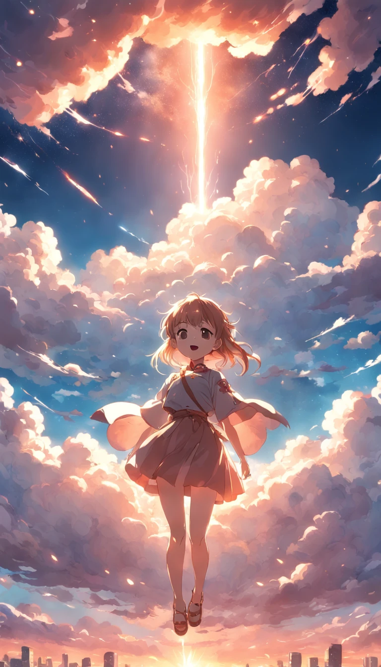 masterpiece, best quality, movie still, 1girl, cloud girl, floating in the sky, close-up, bright, happy, warm soft lighting, sunset, (sparks:0.7)