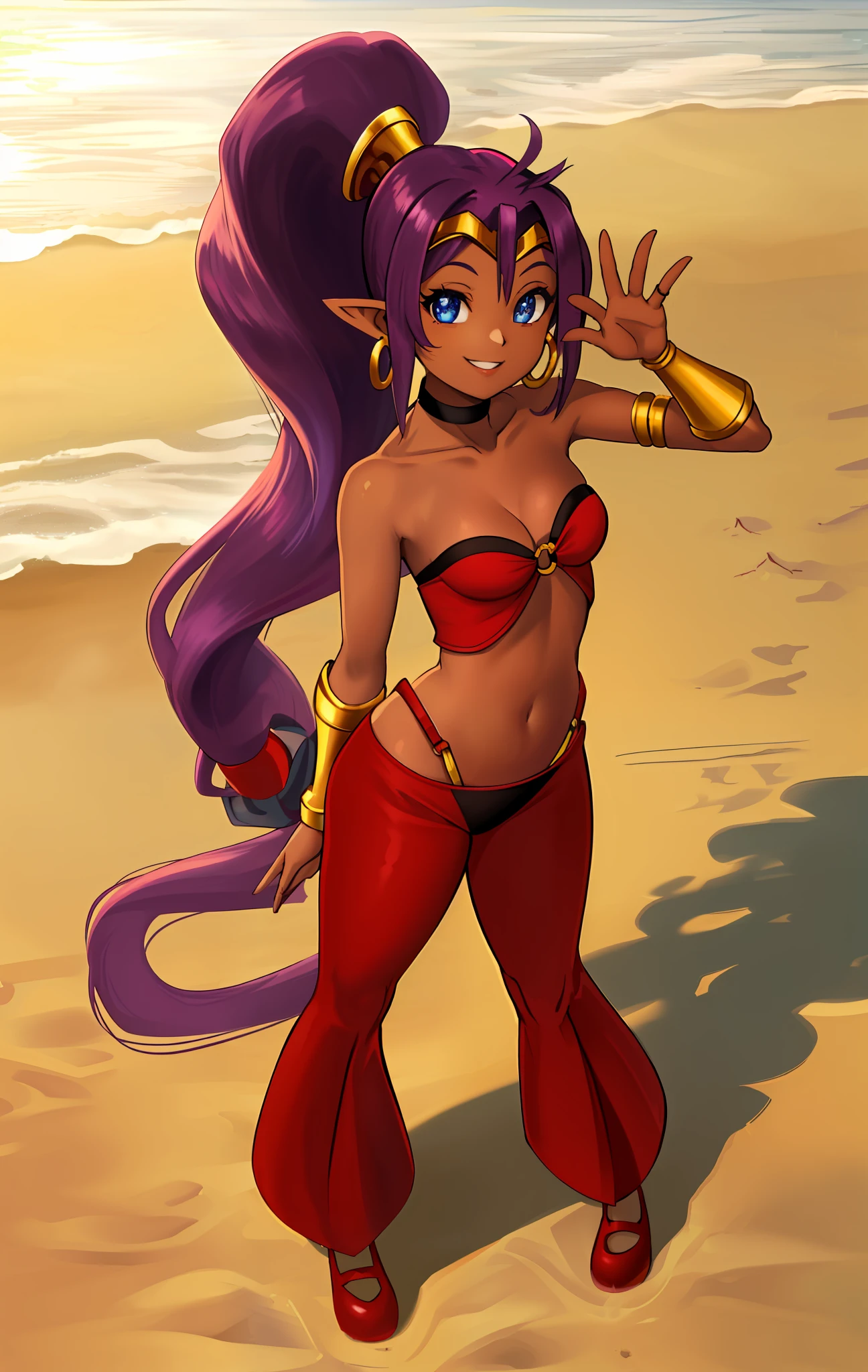 [Shantae], ((High definition)), ((detailed shading)), ((beautiful solo portrait)), ((1girl)), ((full body)), ((anime girl)), {attractive; (brown skin, (purple hair), (verylong ponytail:1.2), (cute blue eyes), (happy smile), (white teeth)}, {(red o-ring bandeau), (vambraces), (red pants), (red flats), (bracers, tiara, hoop earrings, choker), curvaceous hips, beautiful lips}, {(standing on sand), (looking at viewer), (waving at viewer)}, [background; beach, sunny, sun rays]