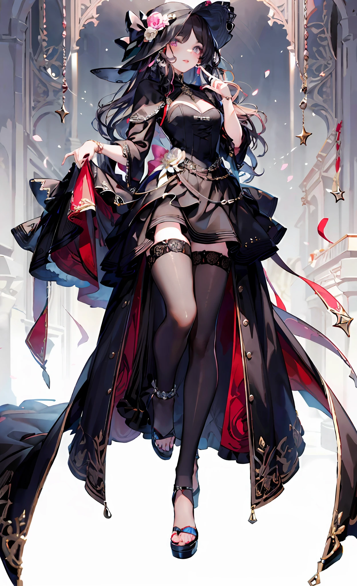(Complete head：1.9)，meticulous portrayal of face，1 noblewoman，a matural female，Black dress long dress，(black lence stockings+)，heeled sandals，(Black stocking feet)，Pink White Long Hair，Prom background， Perfect body， s the perfect face， perfect hand， Perfect Finger， Perfect lips， perfect  eyes， Perfect background