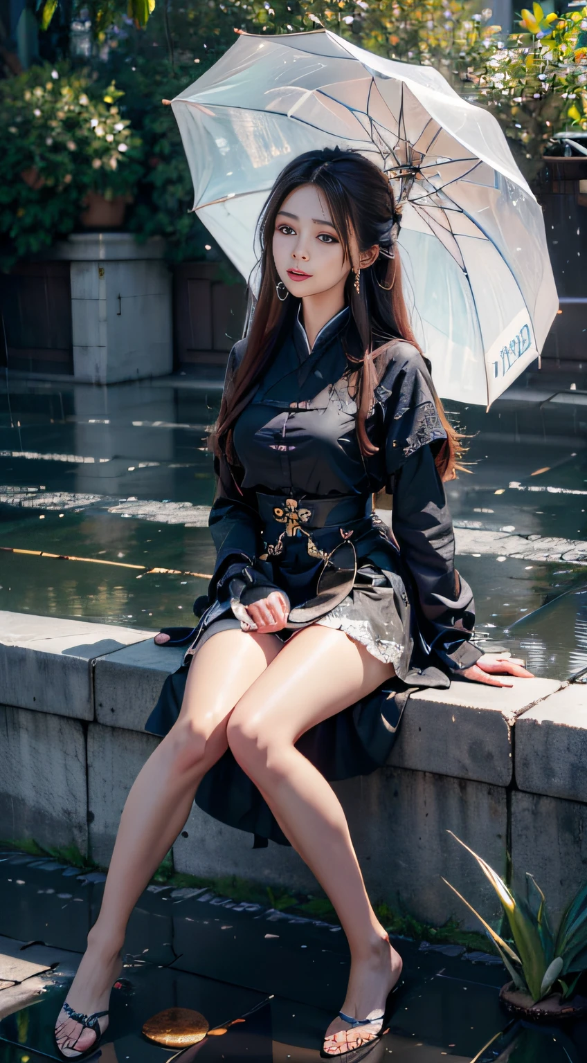 4K Ultra HD, Masterpiece, Best quality, A girl, Beautiful face, Detailed eyes, Very long hair, Impressive and attractive hair, Good looking, lovely lips, cheerfulness, with her mouth open, Rainskirt,Bring clothes and umbrellas of the same color， Dresses of random colors, White lace, Zhu Xia Jingjing, Shiny jewelry, Natural background, Wet ground, very heavy rain, Wet body, Direct x 3.0 Visuals, reflection on water, It rained heavily, Blowing wind, Sitting, In the rain, Full body capture,