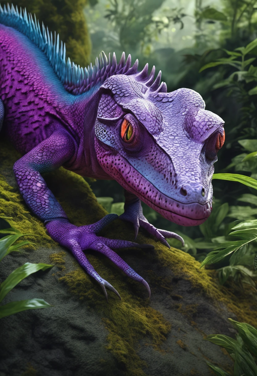 Illustration of a purple lizard with horns, in the jungle with leaves and water, Highly detailed illustration, beautiful detailed illustration, full-colour illustration, realistic illustration, wildlife illustration, arte vetorial altamente detalhada, detailed 2d illustration, arte do lagarto, a beautiful artwork illustration, Very detailed illustration, detailed digital illustration, Highly detailed illustration.", high detailed illustration, Illustration in high quality 3d realistic