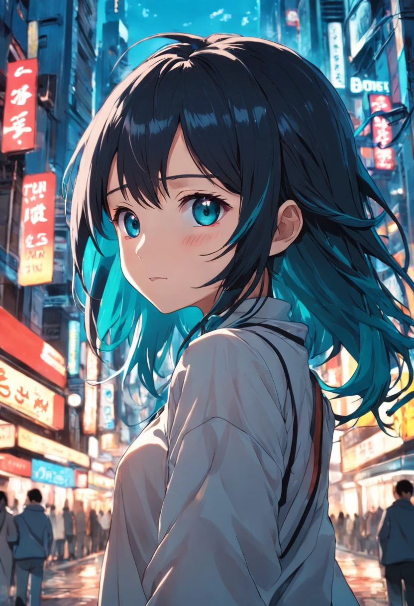 a dramatical female, camera on back side, face looking at the camera, slightly smile, Vietnamese woman, black hair, back, discreet style