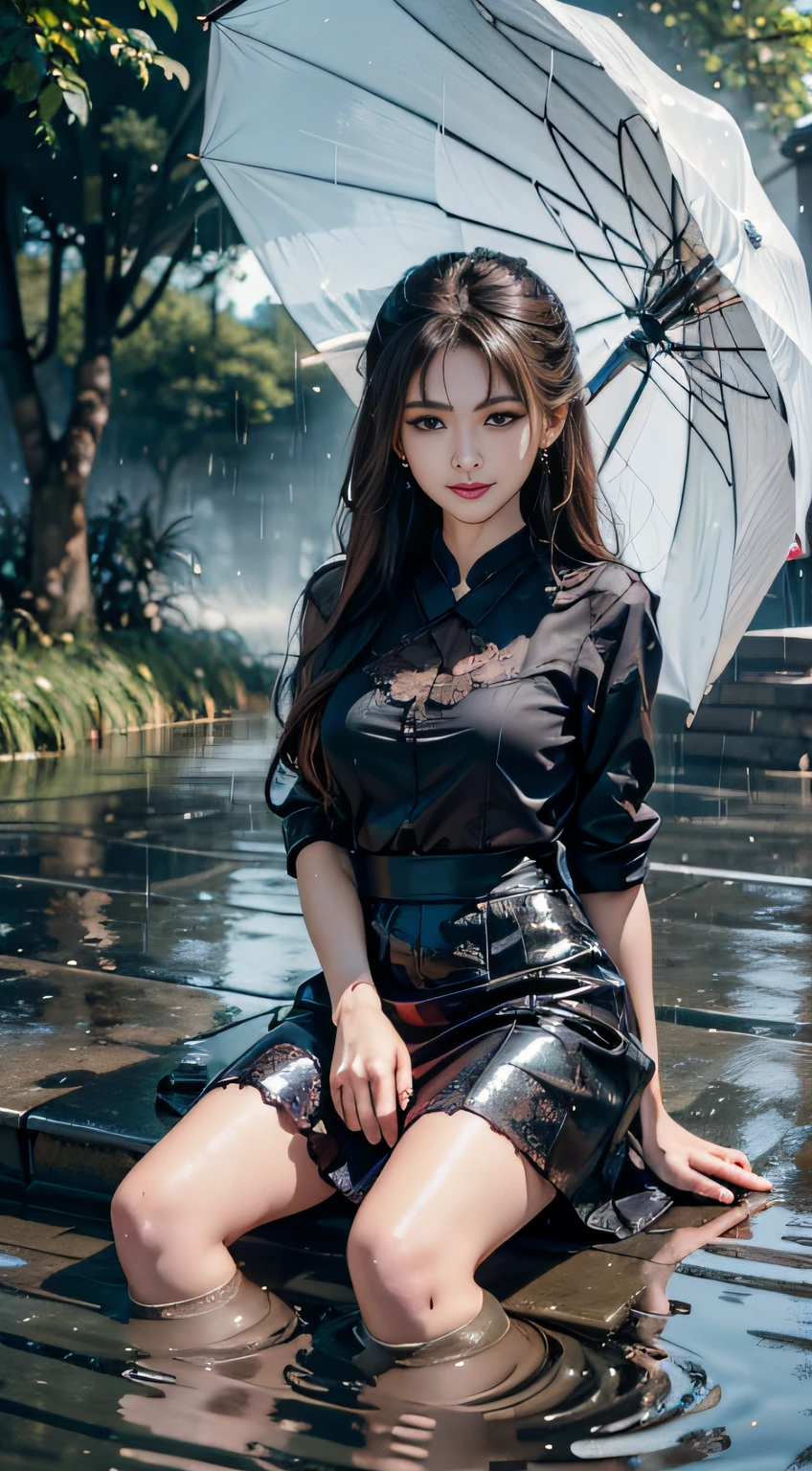 4K Ultra HD, Masterpiece, Best quality, A girl, Beautiful face, Detailed eyes, Very long hair, Impressive and attractive hair, Good looking, lovely lips, cheerfulness, with her mouth open, Rainskirt,Bring clothes and umbrellas of the same color， Dresses of random colors, White lace, Zhu Xia Jingjing, Shiny jewelry, Natural background, Wet ground, very heavy rain, Wet body, Direct x 3.0 Visuals, reflection on water, It rained heavily, Blowing wind, Sitting, In the rain, Full body capture,