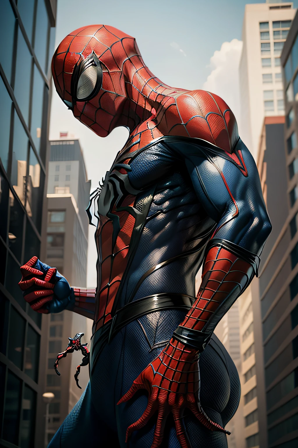 Realistic and ultra-detailed portrait of spider-man swinging in the web between city buildings letting loose web, with realistic lighting, Pintura realista, highes definition, obra-prima, Scenic,artstation, corpo inteiro, 4k