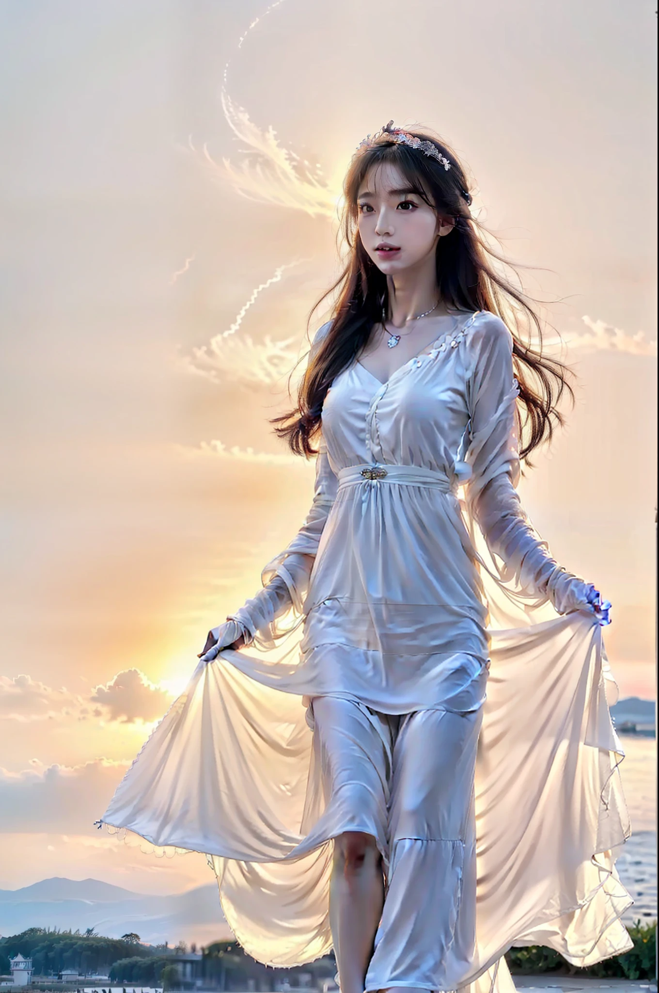 (8k, RAW photo, photorealistic:1.25) ,( lip gloss, eyelashes, glossy side, shiny skin, best quality, ultra high resolution, depth of field, chromatic aberration, caustics, wide light, natural shadow, headwear, kpop idol) , (dreamy and romantic compositions: 1.5), light pink and blue style, 1girl, (sky witch: 1.5), tall and thin goddess of beauty, Flowing dress, conservative girl, cloud goddess, flowing white fabric, wearing flowing dress, realistic, (background with blue sky and white clouds: 1.4), (wind: 1.5), (full body: 1.5), add_detail,