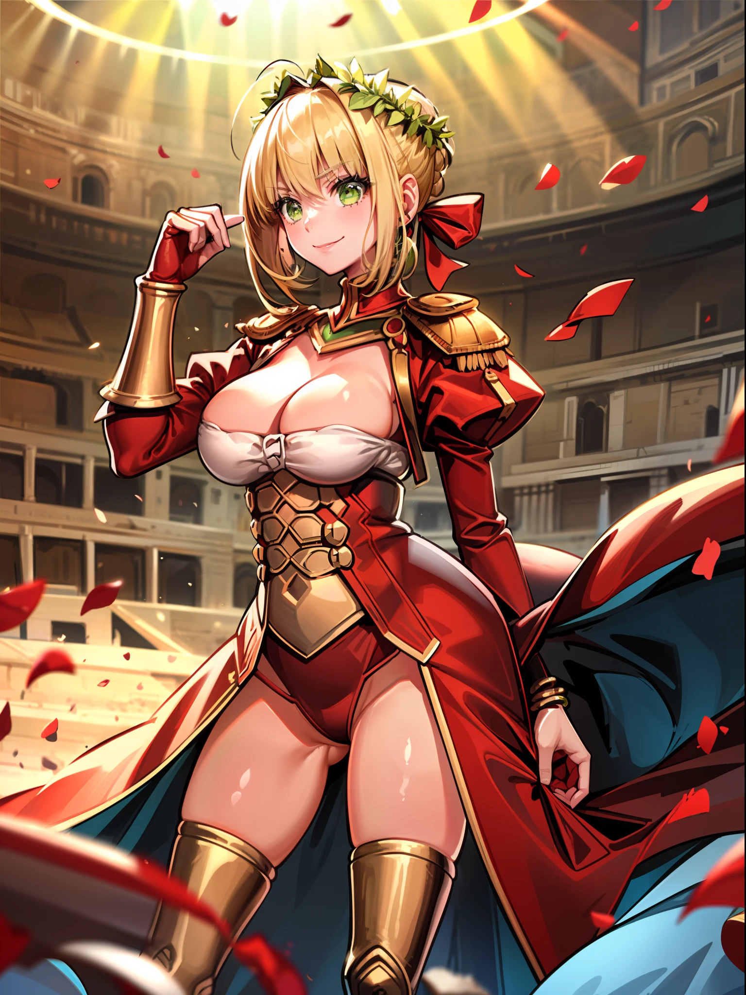 masterpiece, best quality,1girl, blonde hair, green eyes,large breasts, Default, NeroOriginalOutfit,head wreath, standing, smile , rome, colosseum, rose petals, cowboy shot,sunlight