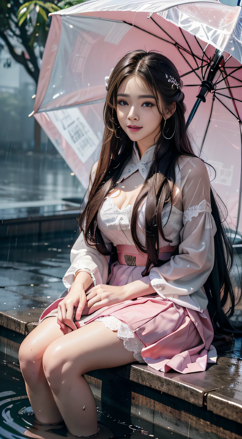 4K Ultra HD, Masterpiece, Best quality, A girl, Beautiful face, Detailed eyes, Very long hair, Impressive and attractive hair, Good looking, lovely lips, cheerfulness, with her mouth open, Rainskirt,Bring clothes and umbrellas of the same color， Pink dress, White lace, Zhu Xia Jingjing, Shiny jewelry, Natural background, Wet ground, very heavy rain, Wet body, Direct x 3.0 Visuals, reflection on water, It rained heavily, Blowing wind, Sitting, In the rain, Full body capture,