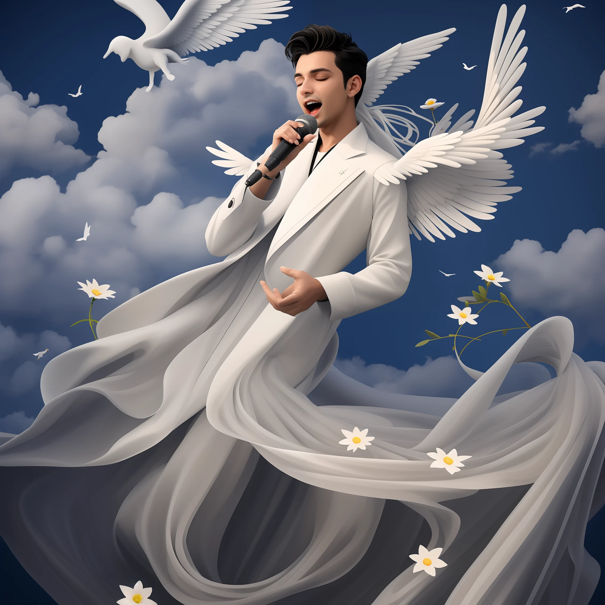 famous Brazilian singer Gabriel Diniz is a singing angel floating among the clouds in the sky just like divine angels, He's got microphone in hand, extraordinary and beautiful archangel wings protruding from your back, asas iguais as do arcanjo gabriel, He's singing, Divinely angelic illumination arising and illuminating the singer, He is a modern angel and wears an extravagant coat with colorful flowers painted, casaco estilo anos 80, casaco aberto mostrando camiseta por dentro, barba curta, Its colorful is at odds with the sky and clouds that are in light and angelic tones, o cantor traz cor e vida para o ceu, cores representam a alegria do cantor, imagem transmite a paz do ceu e a alegria do cantor, Small silhouettes of almost invisible little angels watch the singer's show in the sky, aparencia igual ao cantor gabriel diniz, Gabriel Diniz in Domingão do Faustão, GD, roupas semelhantes as de gabriel diniz no seu dvd em fernando de noronha, autor do hit jenifer foi a mais ouvida em plataformas digitais, arte com com detalhes absurdos, 8k