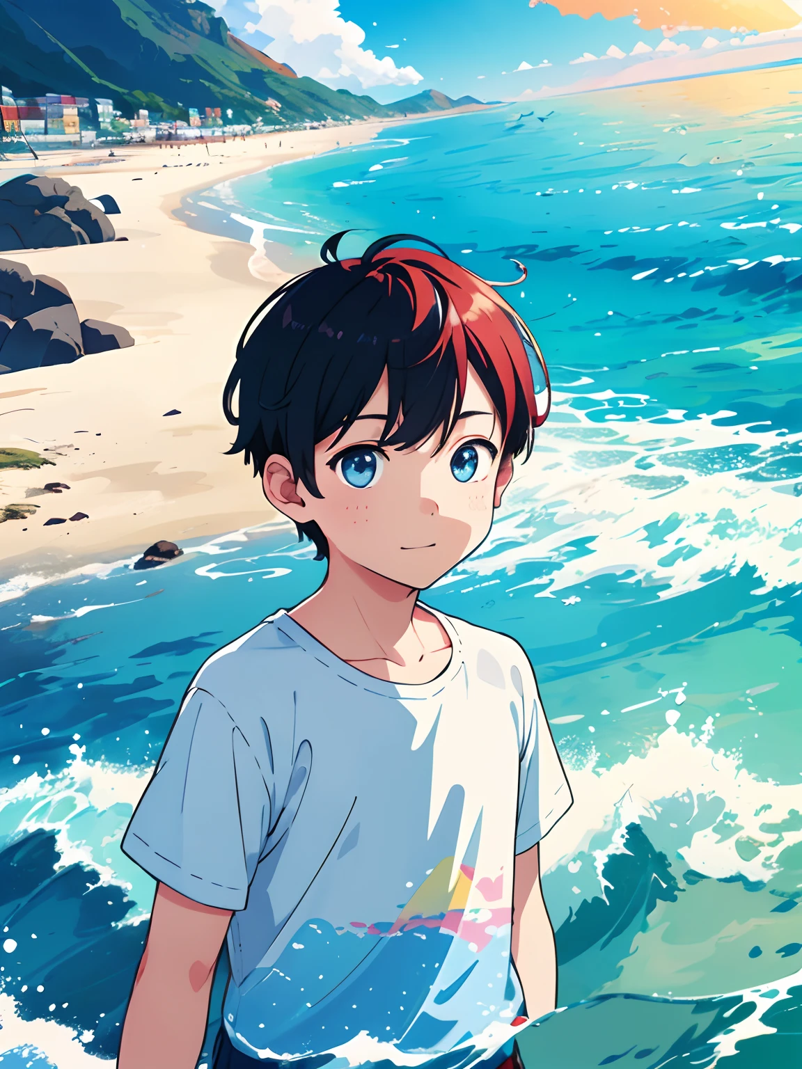 Making of Illustration Poster, Flat illustration, Colorful, Highly saturated, Contour light, warm and bright, Colorful, HD 8K, colored light particles, Heterochromatic, Male child, Upper body, Clear face, By the sea, Blue sky, white clouds, (Color: 1.5) , --v6