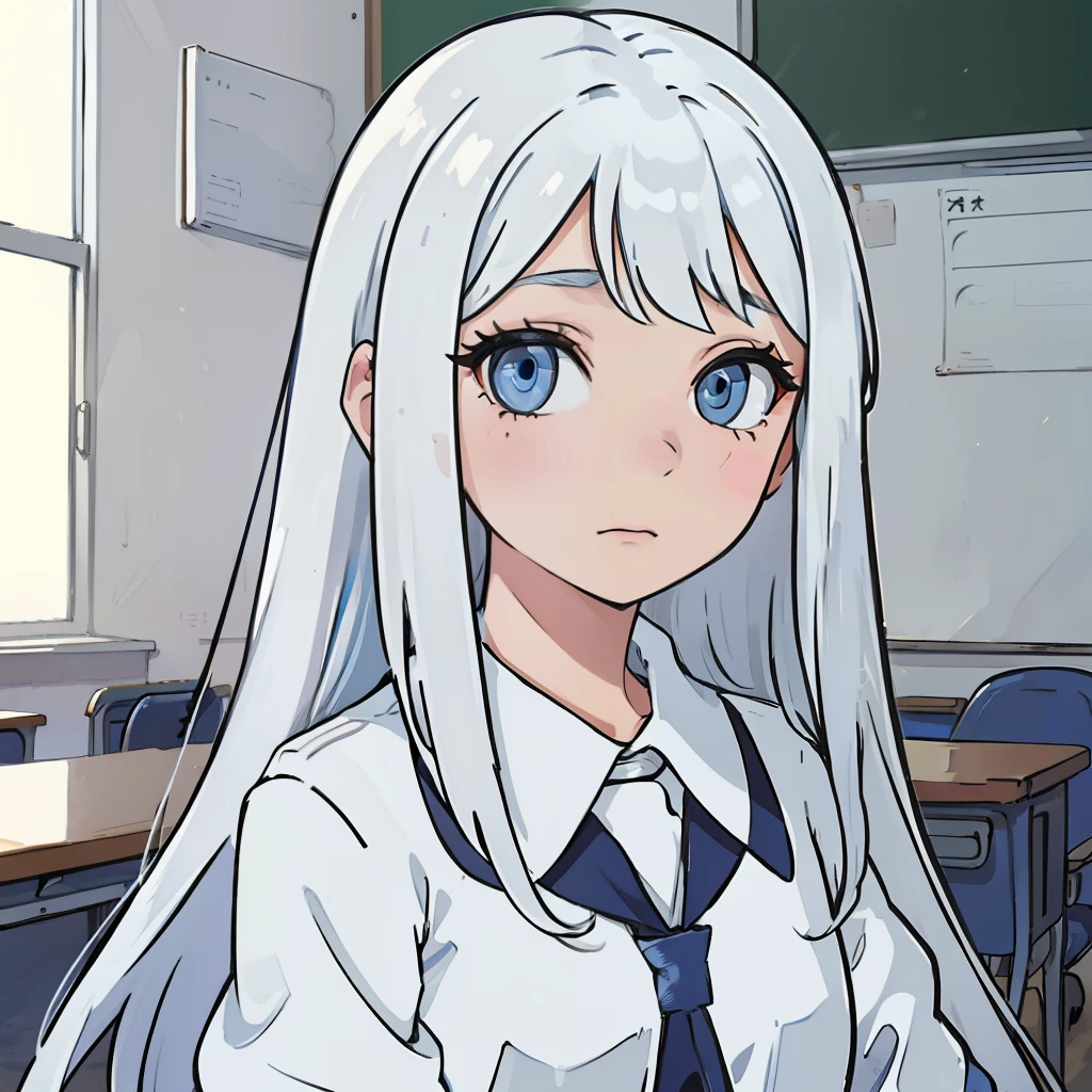 one-girl，long  white hair，blue color eyes，in class room，face expressionless，apathy