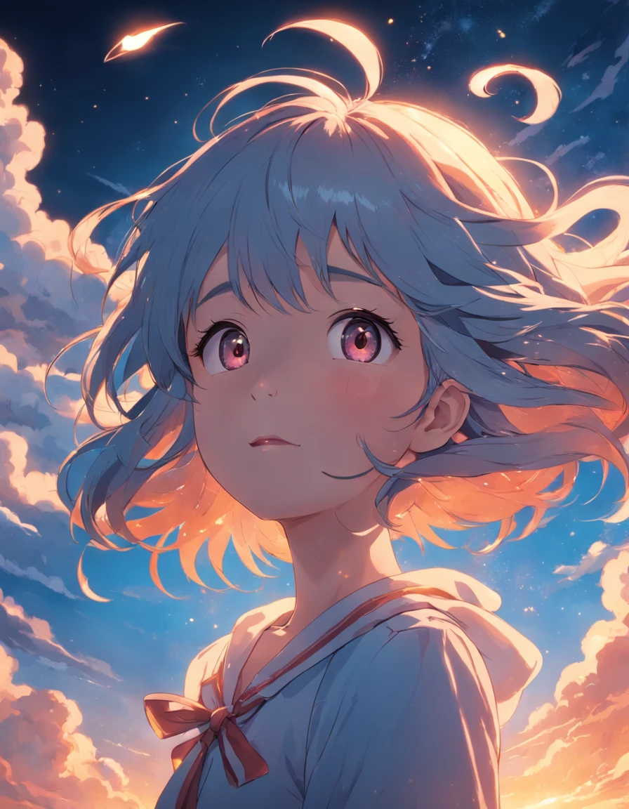 masterpiece, best quality, movie still, 1girl, cloud girl, floating in the sky, close-up, bright, happy, warm soft lighting, sunset, (sparks:0.7)