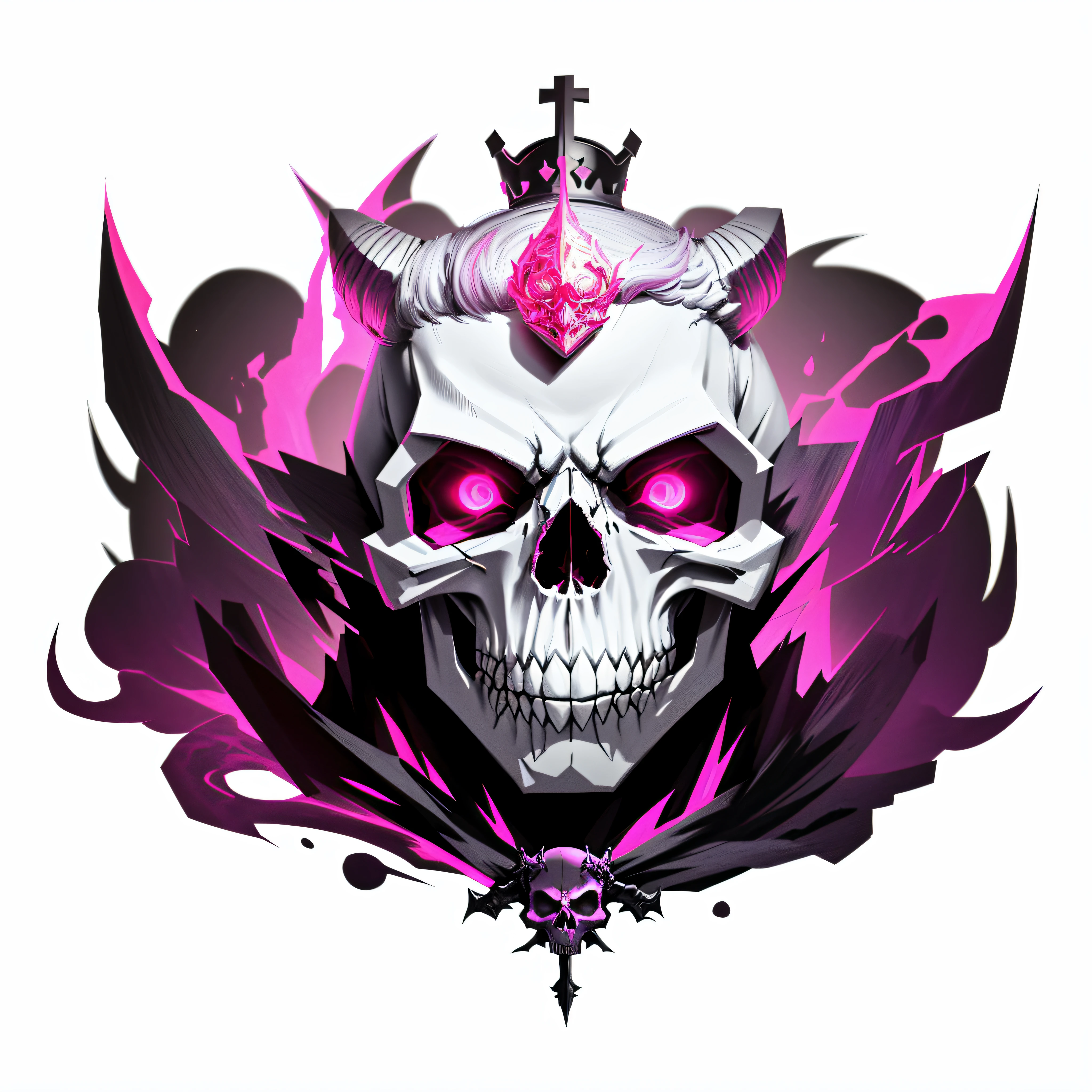 Skull with pink eyes and crown on white background, fantasy skull, skull like, full color digital illustration, skull design for a rock band, anime skull portrait woman, fit male demon with white horns, Glowing red skull, Huge skull, colored illustration for tattoo, death skull, Skull head, beautiful male god of death, style of hydro74