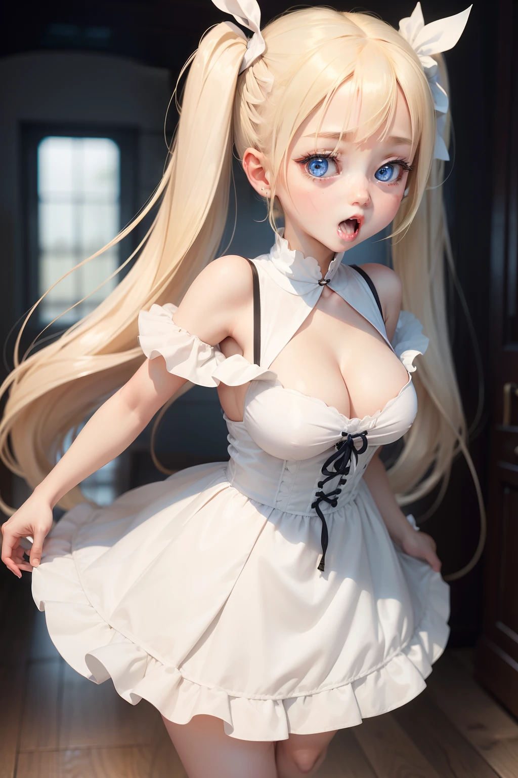 Loli with white dress no background blonde hair twintail blue eyes open mouth little fang absurdres huge tits