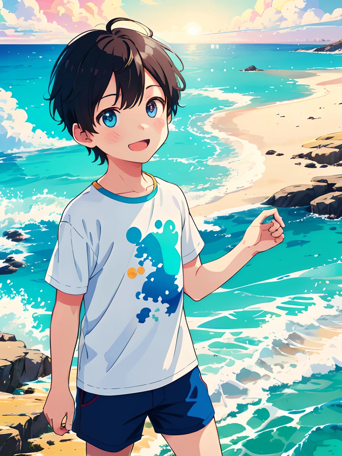 Making of Illustration Poster, Flat illustration, Colorful, Highly saturated, Contour light, warm and bright, Colorful, HD 8K, colored light particles, Heterochromatic, Male child, Upper body, Clear face, By the sea, Blue sky, white clouds, (Color: 1.5) , --v6