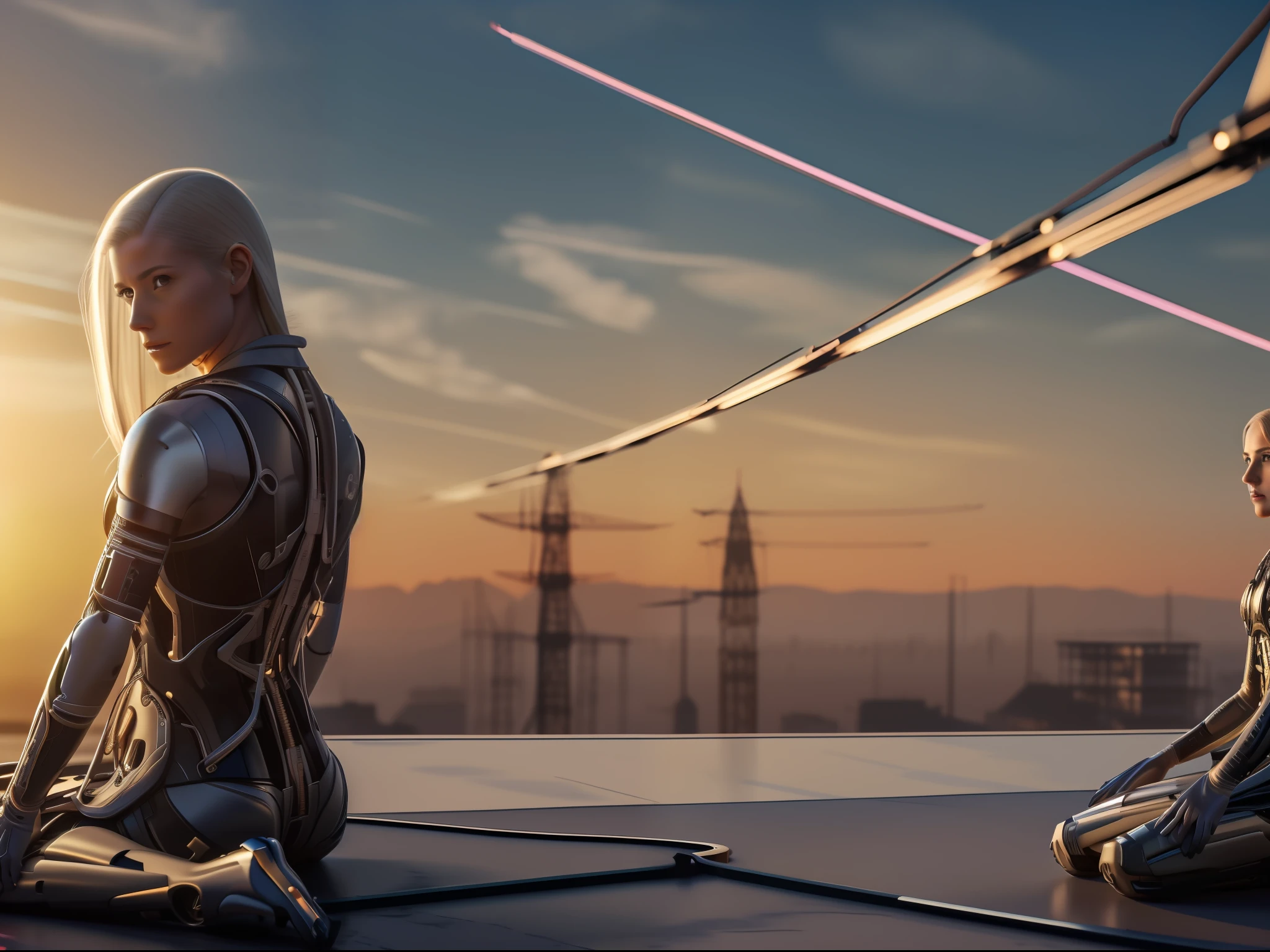 (((masterpiece))), (((best quality))), ((ultra-detailed)), (highly detailed CG illustration), ((an extremely delicate and beautiful)),(from side),cinematic light,((1mechanical blonde haired girl)),solo,half body,(machine made joints:1.2),((machanical limbs)),(blood vessels connected to tubes),(mechanical vertebra attaching to back),((mechanical cervial attaching to neck)),(sitting),expressionless,(wires and cables attaching to neck:1.2),(wires and cables on head:1.2)(character focus),science fiction,city background, highest detailed,(face shadow (extra detailed,best performance)), laser eyes